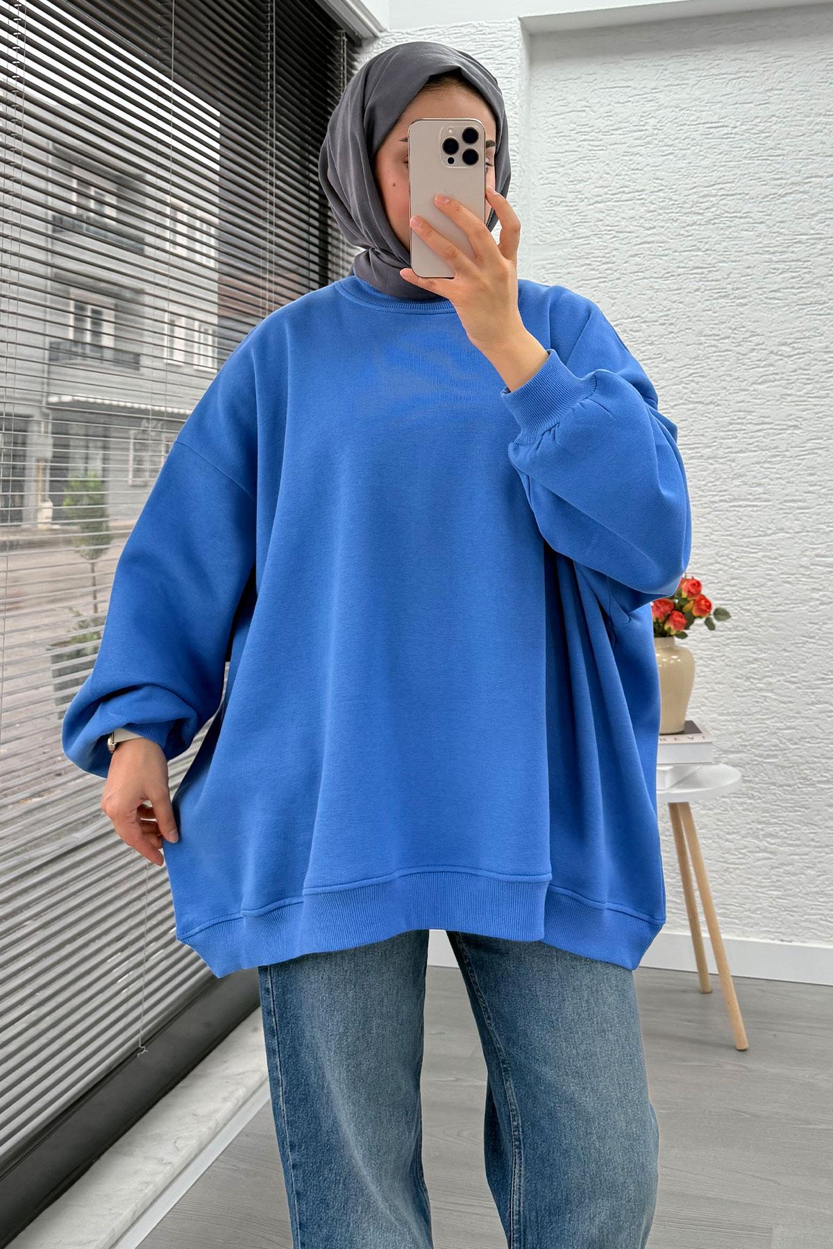 Bisiklet Yaka Oversize Kadın Sweat – Mavi