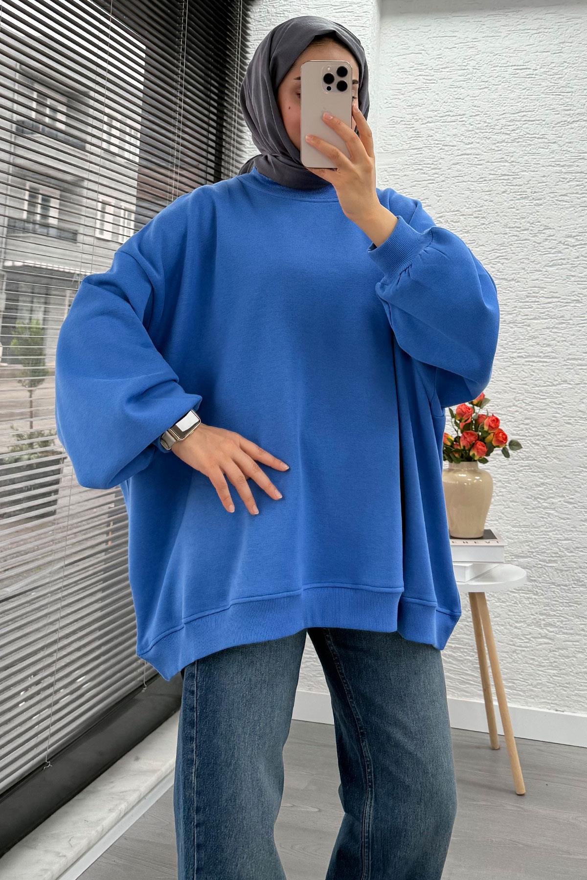 Bisiklet Yaka Oversize Kadın Sweat – Mavi