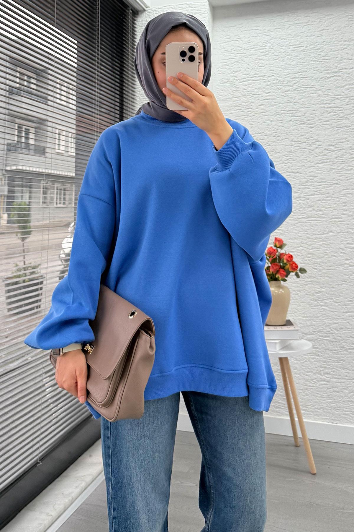 Bisiklet Yaka Oversize Kadın Sweat – Mavi