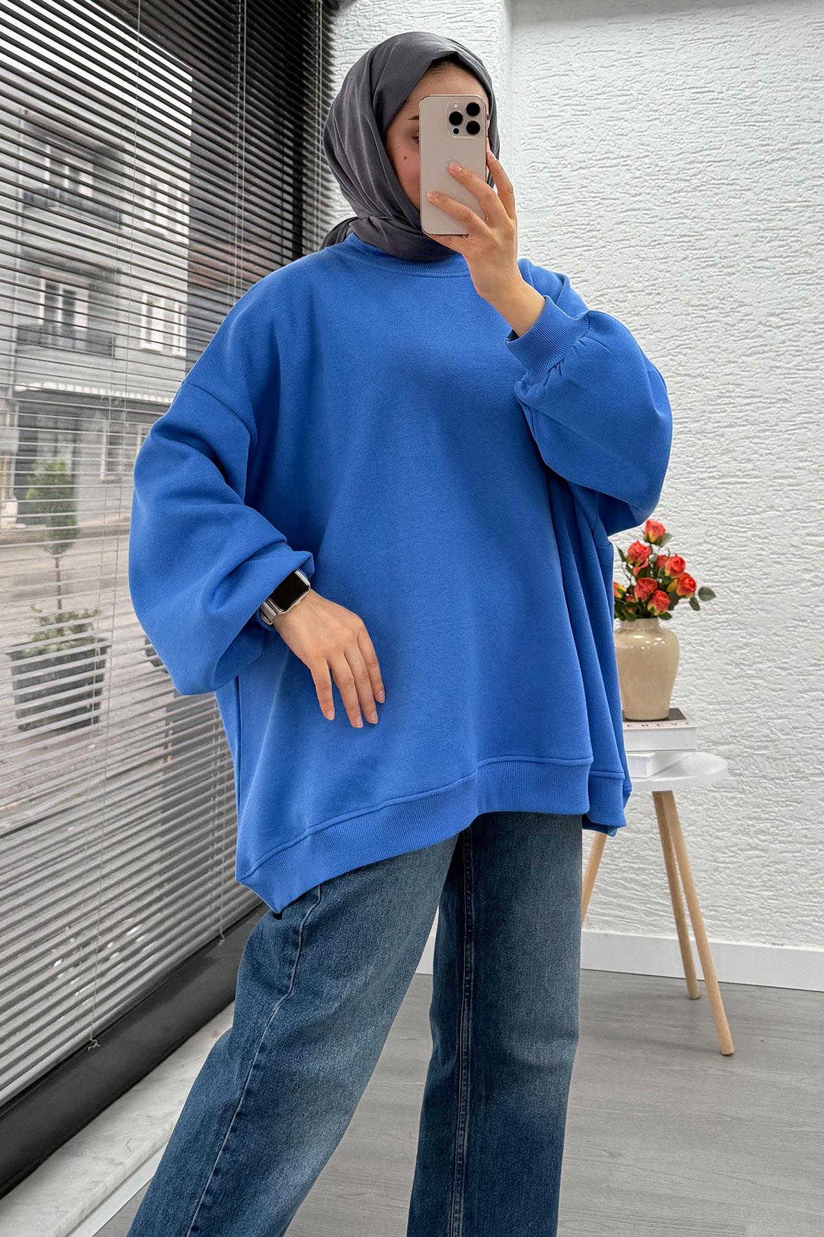 Bisiklet Yaka Oversize Kadın Sweat – Mavi