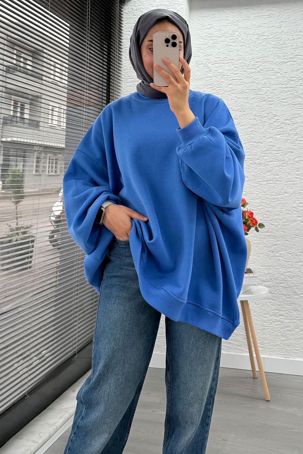 Bisiklet Yaka Oversize Kadın Sweat – Mavi