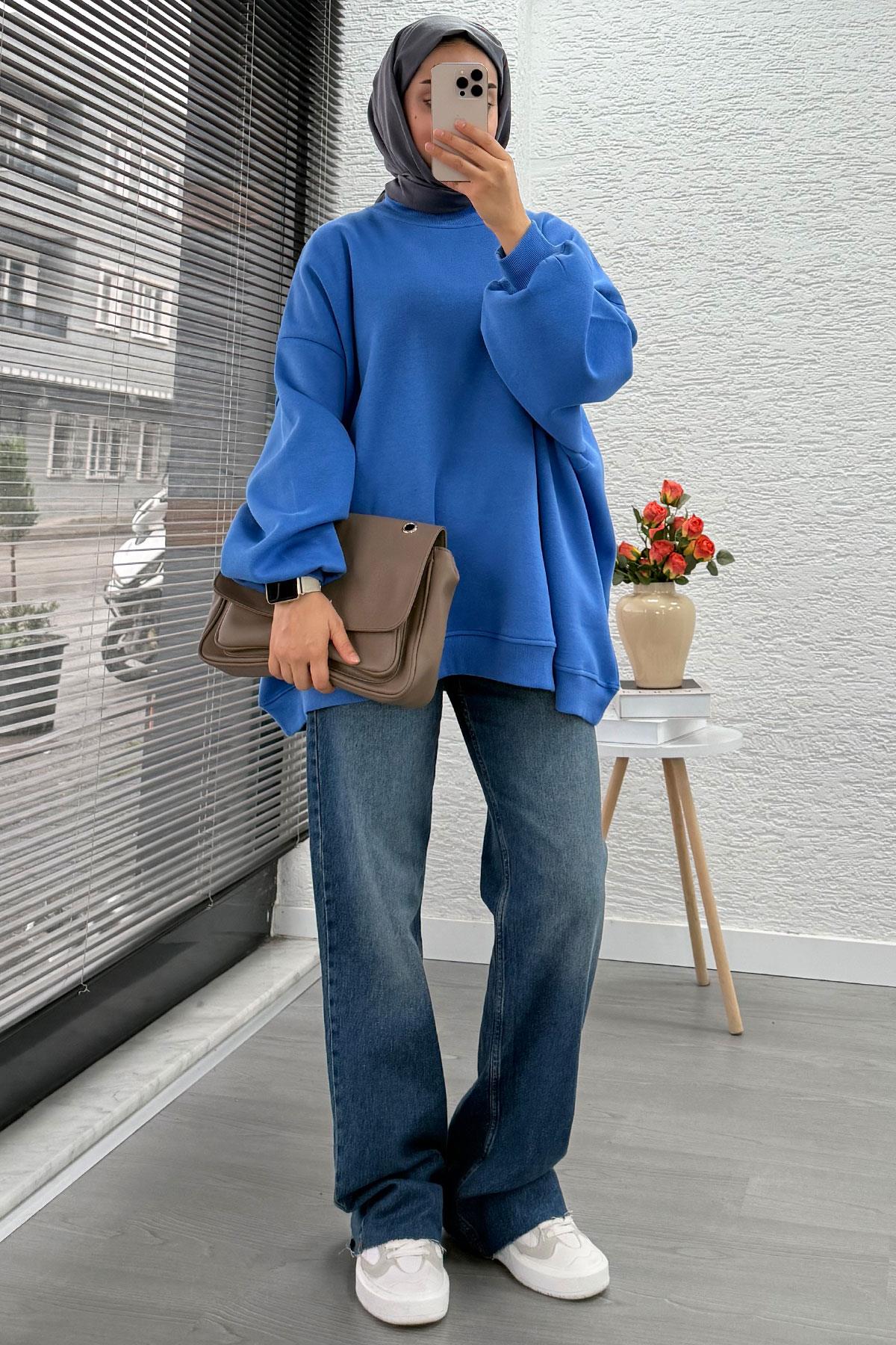 Bisiklet Yaka Oversize Kadın Sweat – Mavi