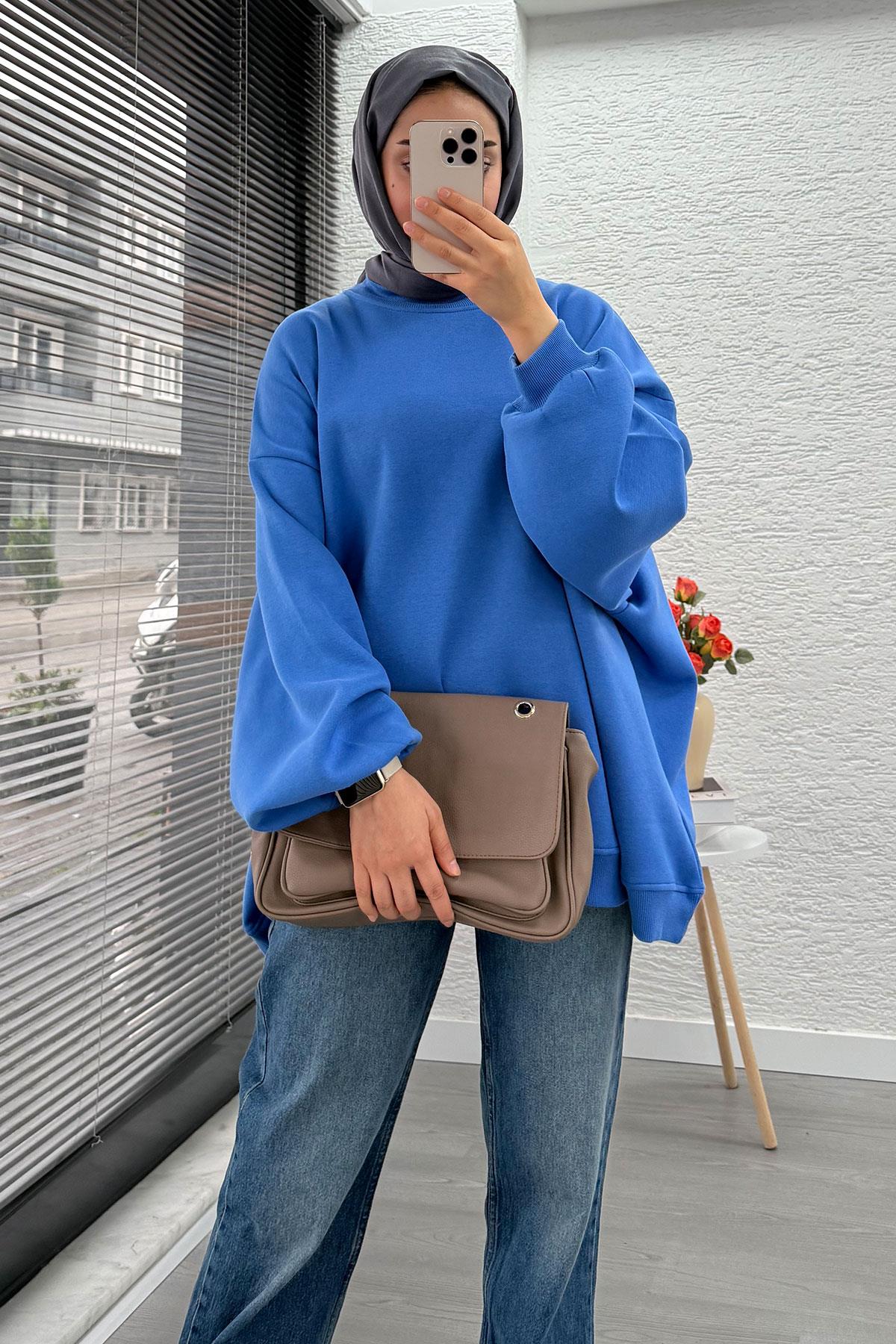 Bisiklet Yaka Oversize Kadın Sweat – Mavi