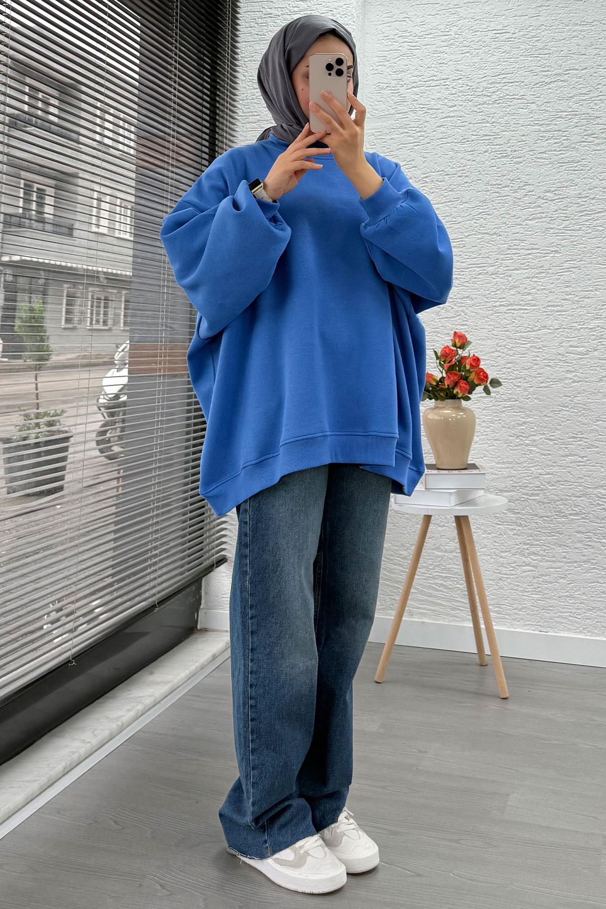 Bisiklet Yaka Oversize Kadın Sweat – Mavi