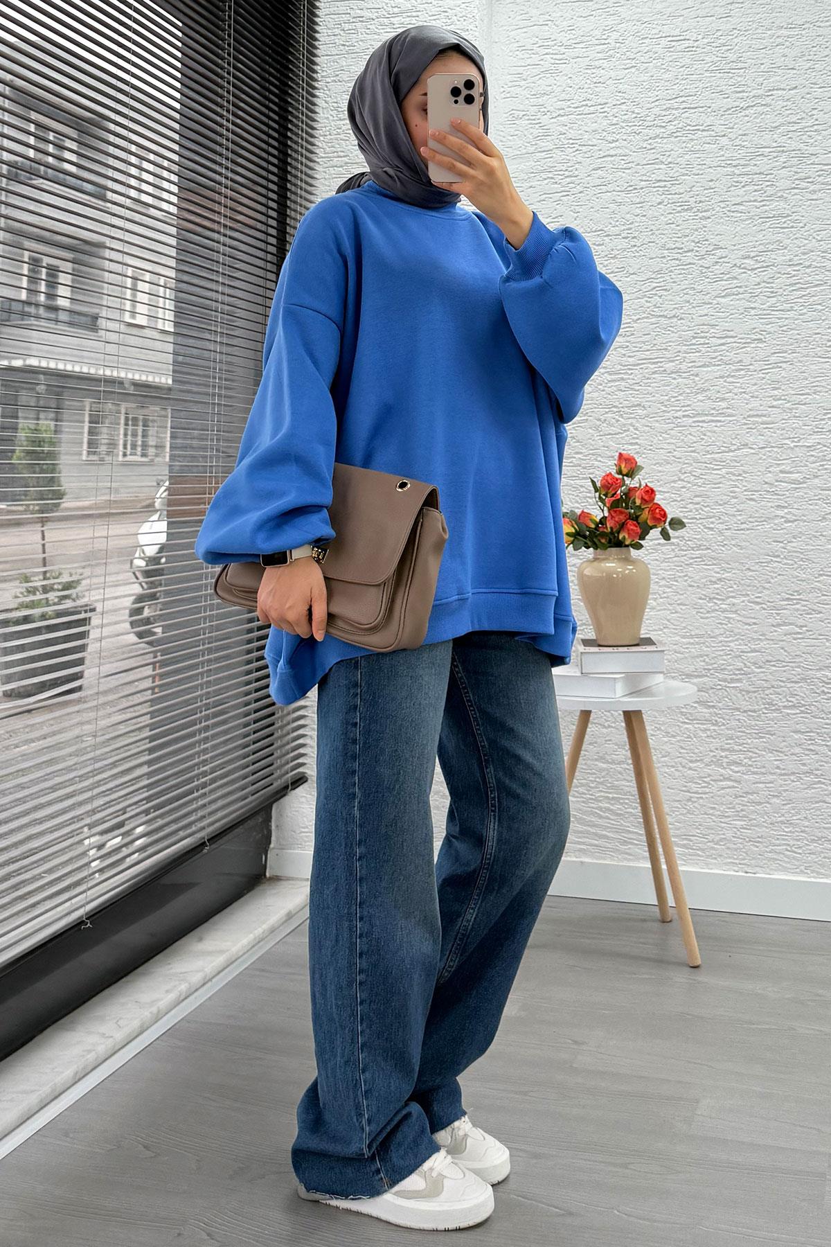 Bisiklet Yaka Oversize Kadın Sweat – Mavi