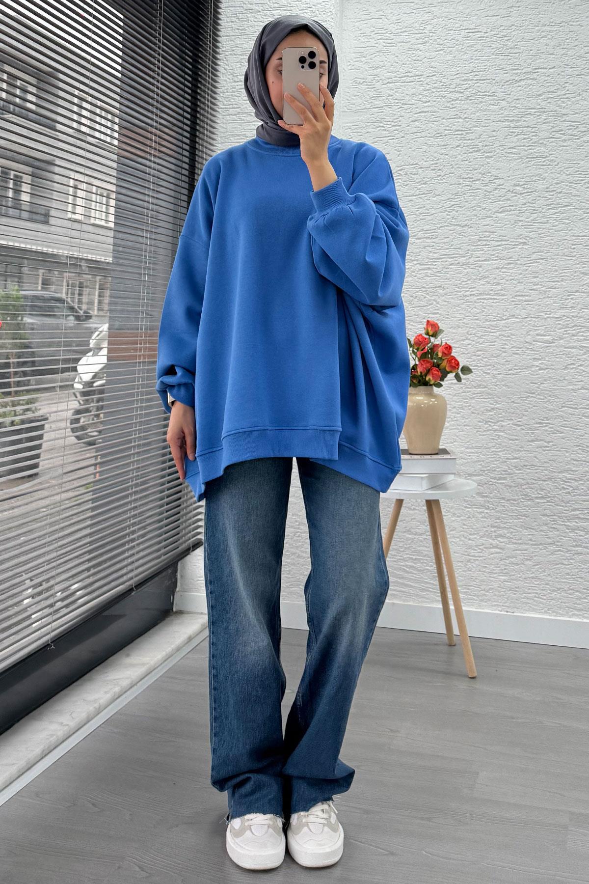 Bisiklet Yaka Oversize Kadın Sweat – Mavi