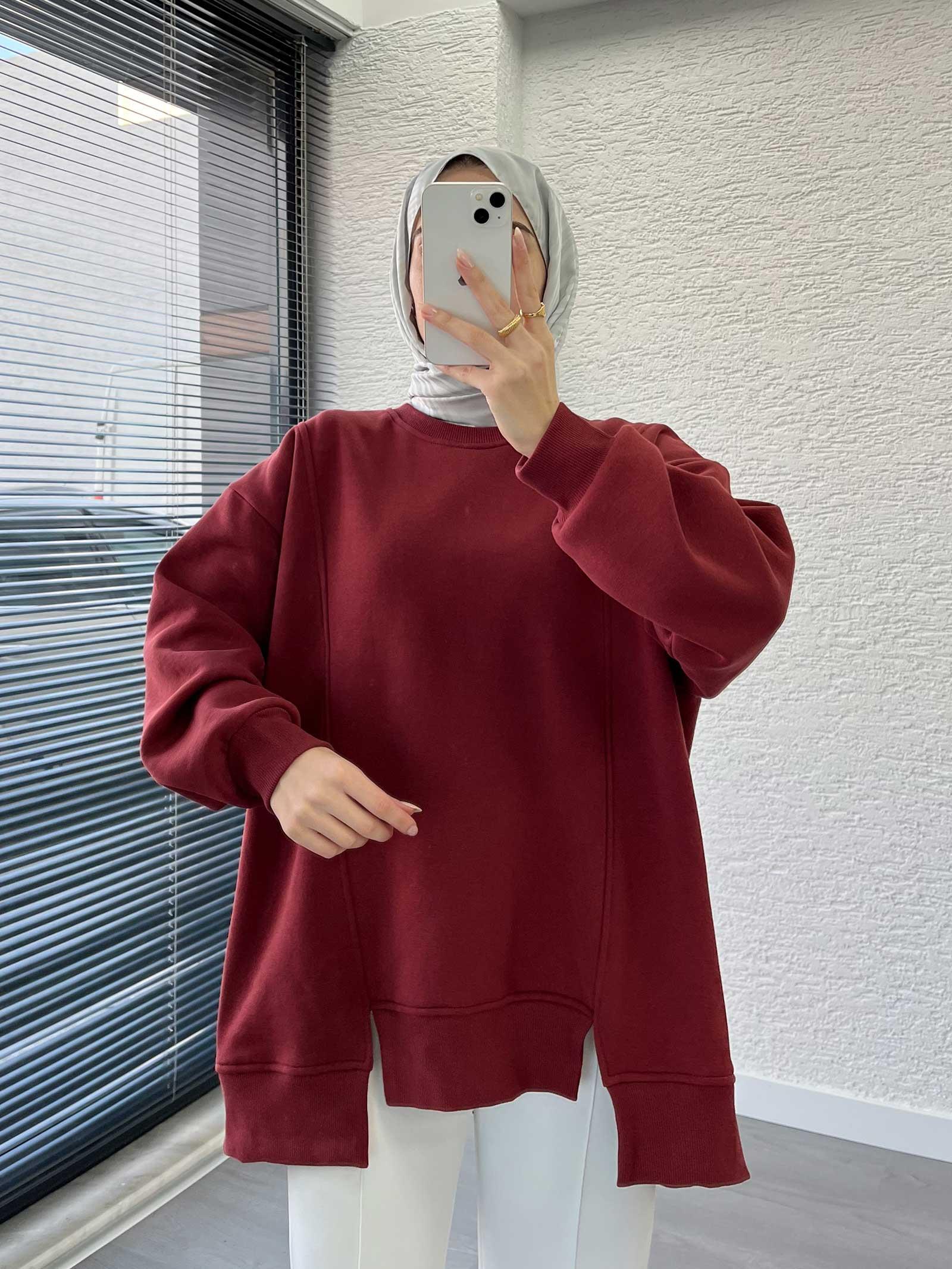 Bordo Arka Fermuar Detaylı Oversize Sweat