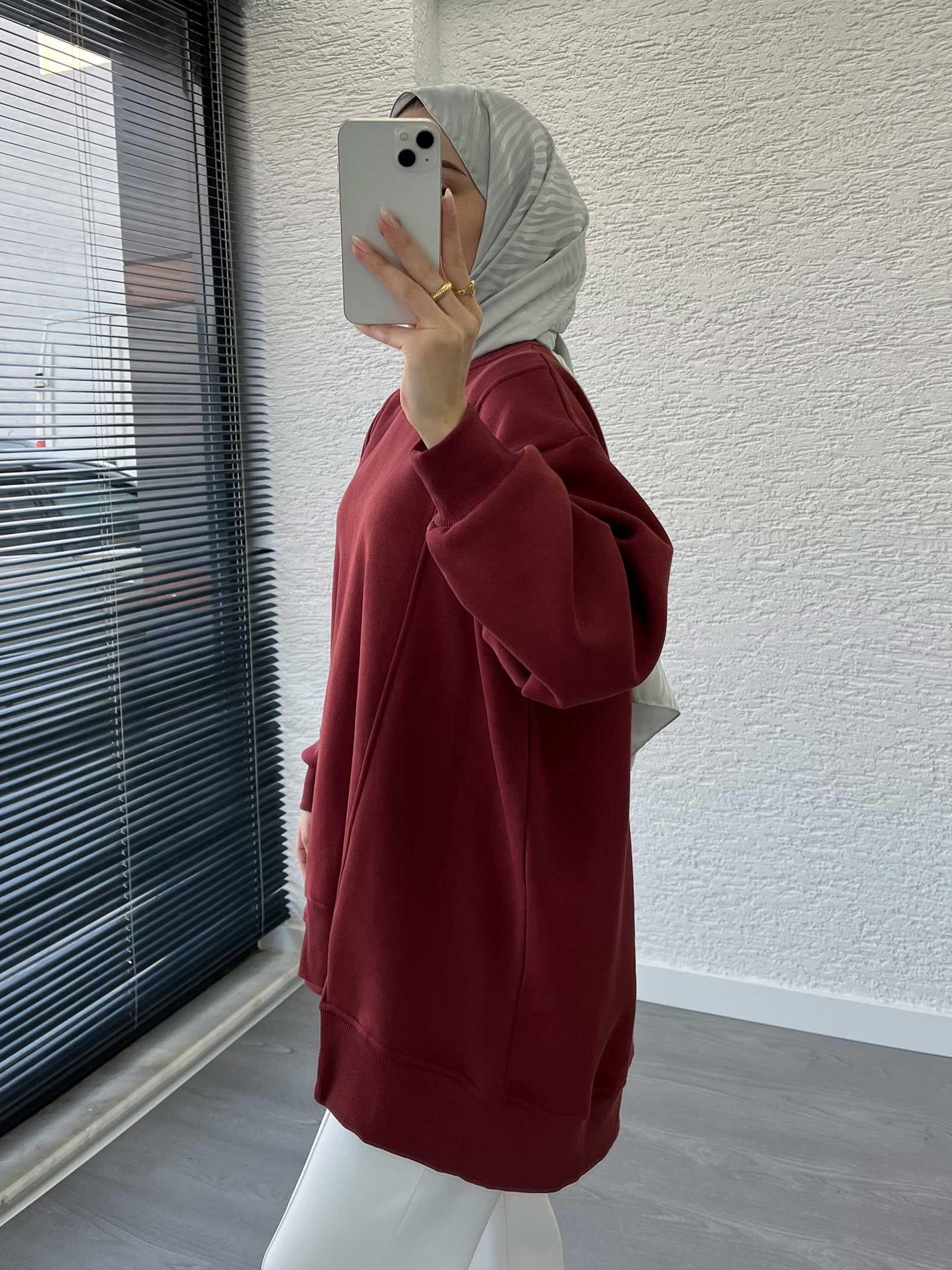 Bordo Arka Fermuar Detaylı Oversize Sweat
