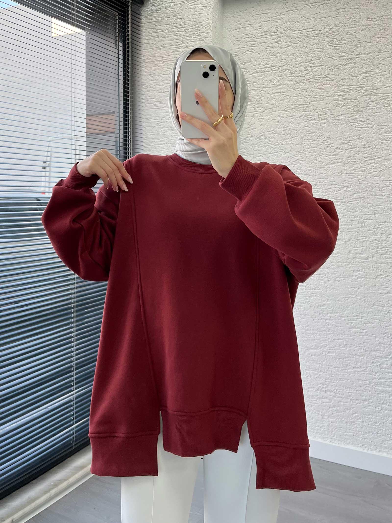 Bordo Arka Fermuar Detaylı Oversize Sweat