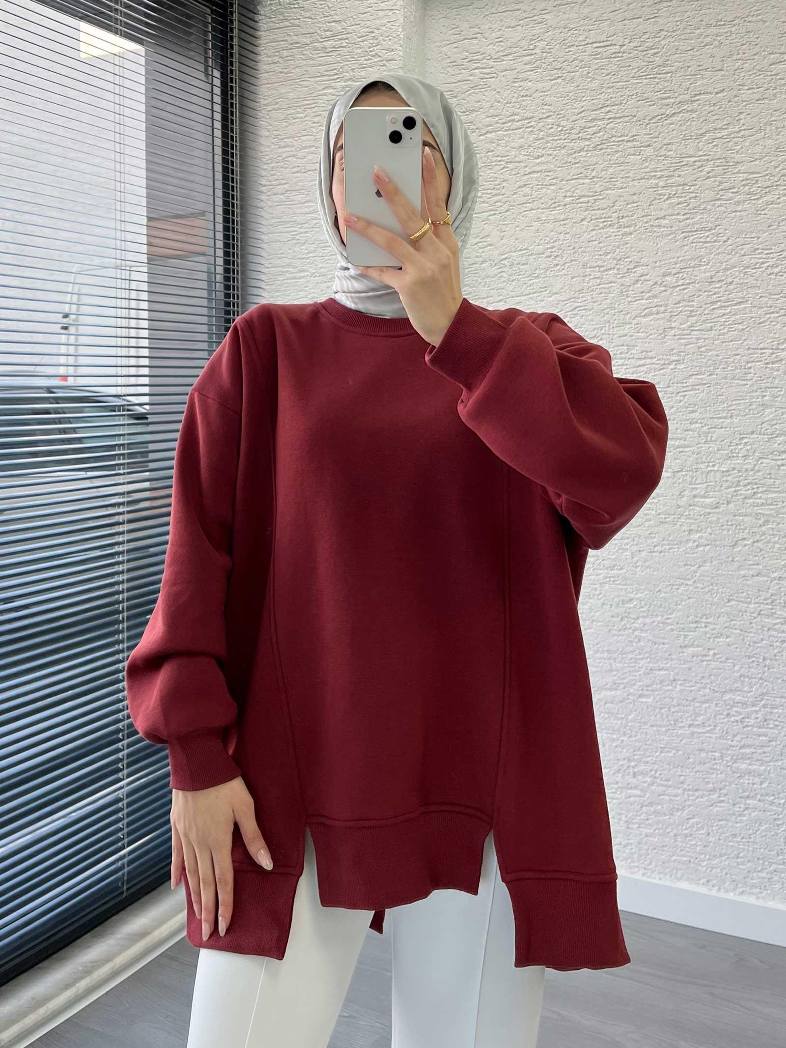 Bordo Arka Fermuar Detaylı Oversize Sweat