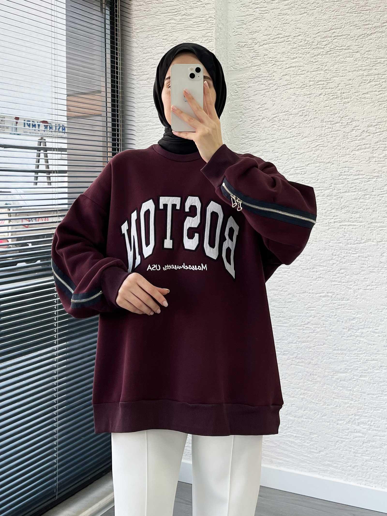 Bordo Arka Fermuarlı Oversize Kadın Sweat