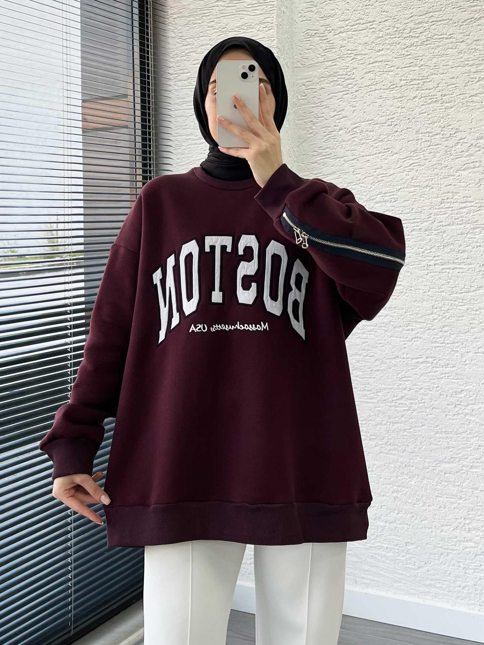 Bordo Arka Fermuarlı Oversize Kadın Sweat