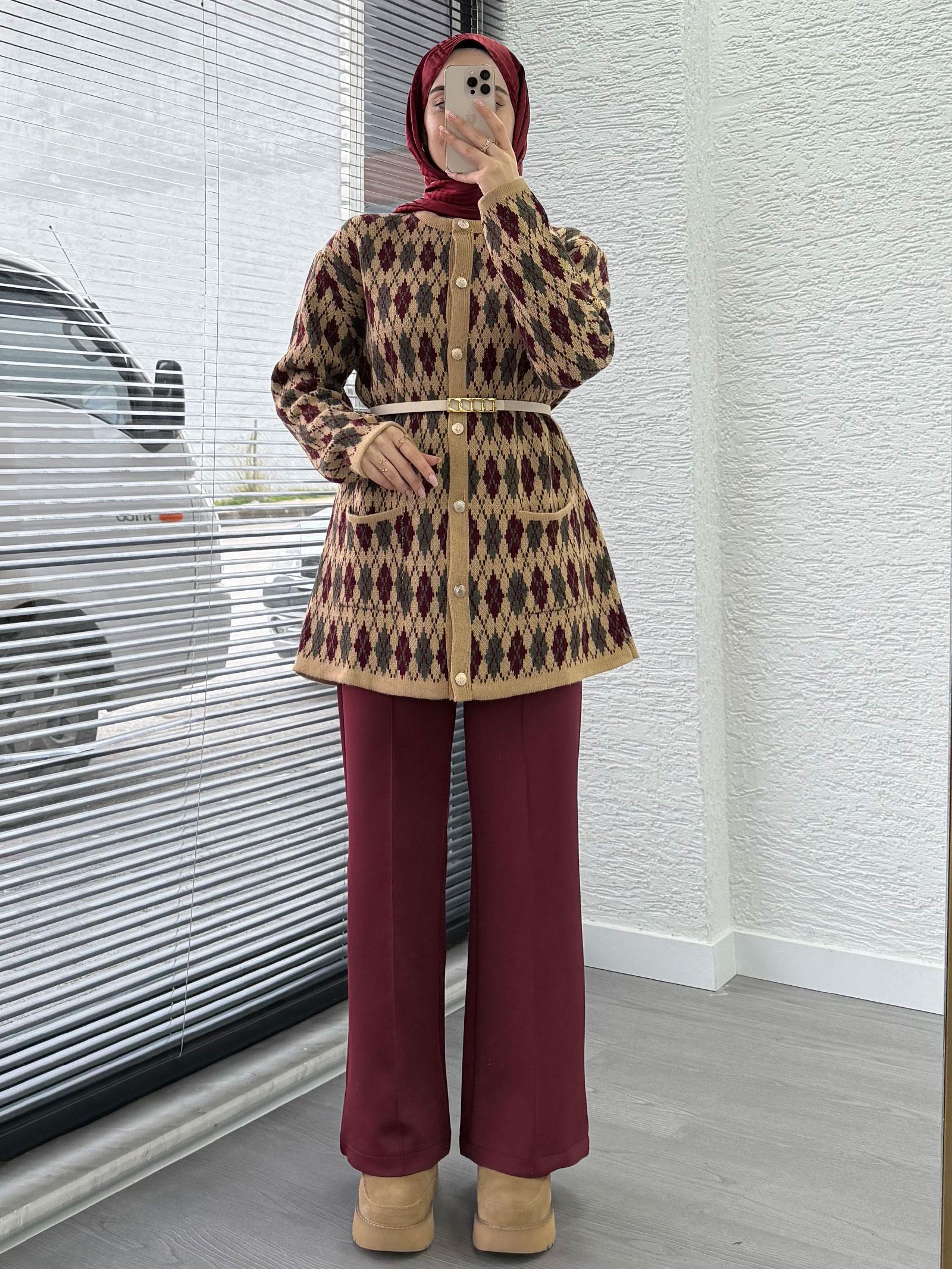 Bordo Baklava Desenli Hırka