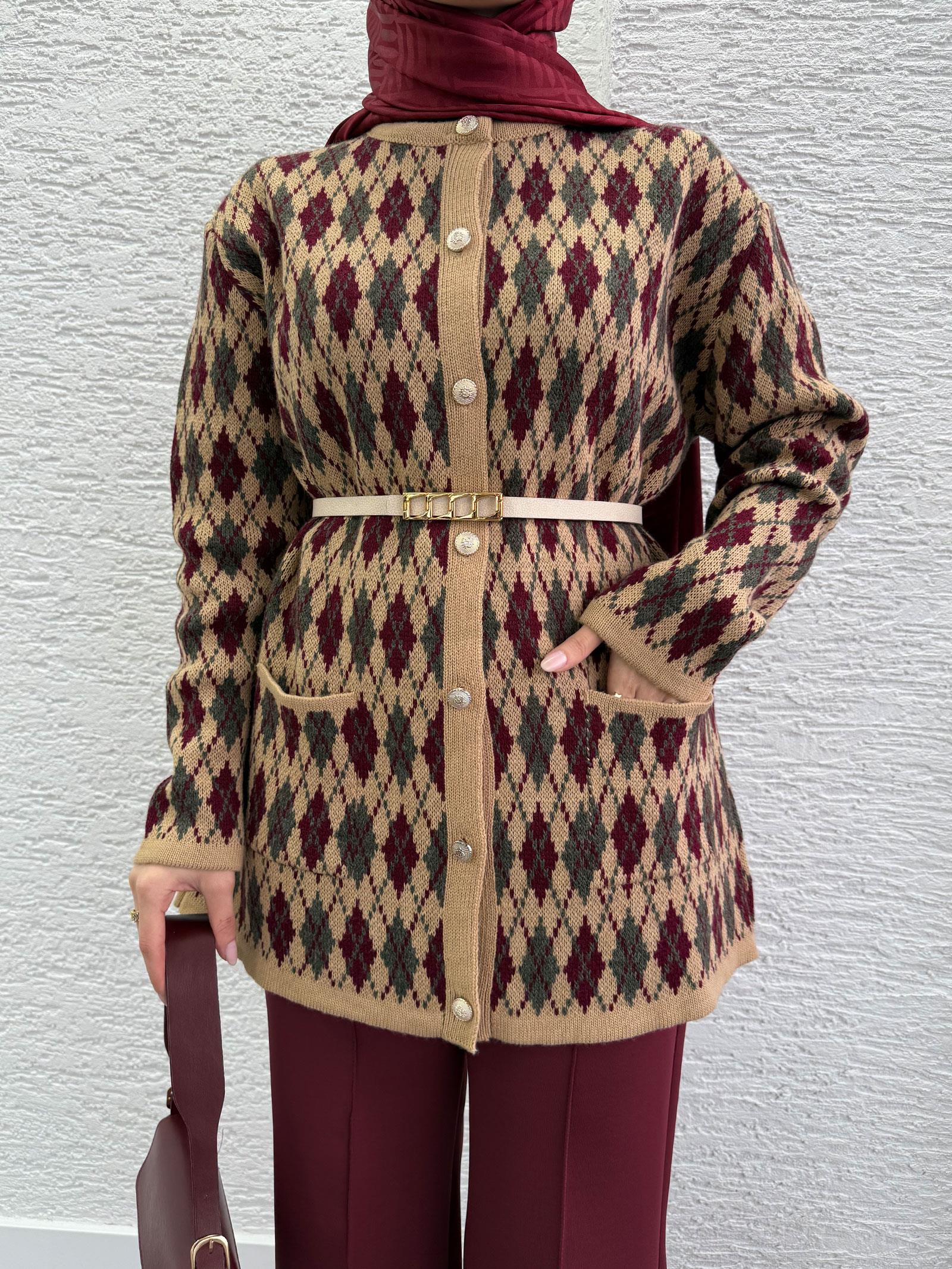 Bordo Baklava Desenli Hırka