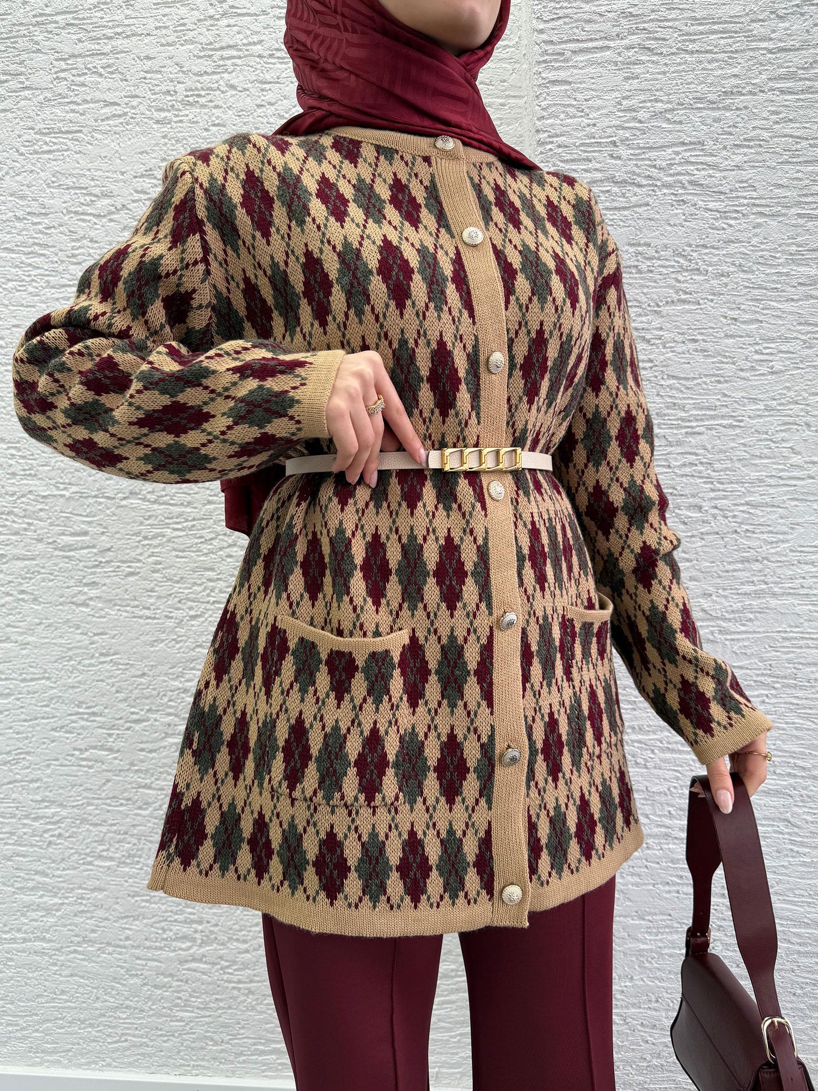 Bordo Baklava Desenli Hırka