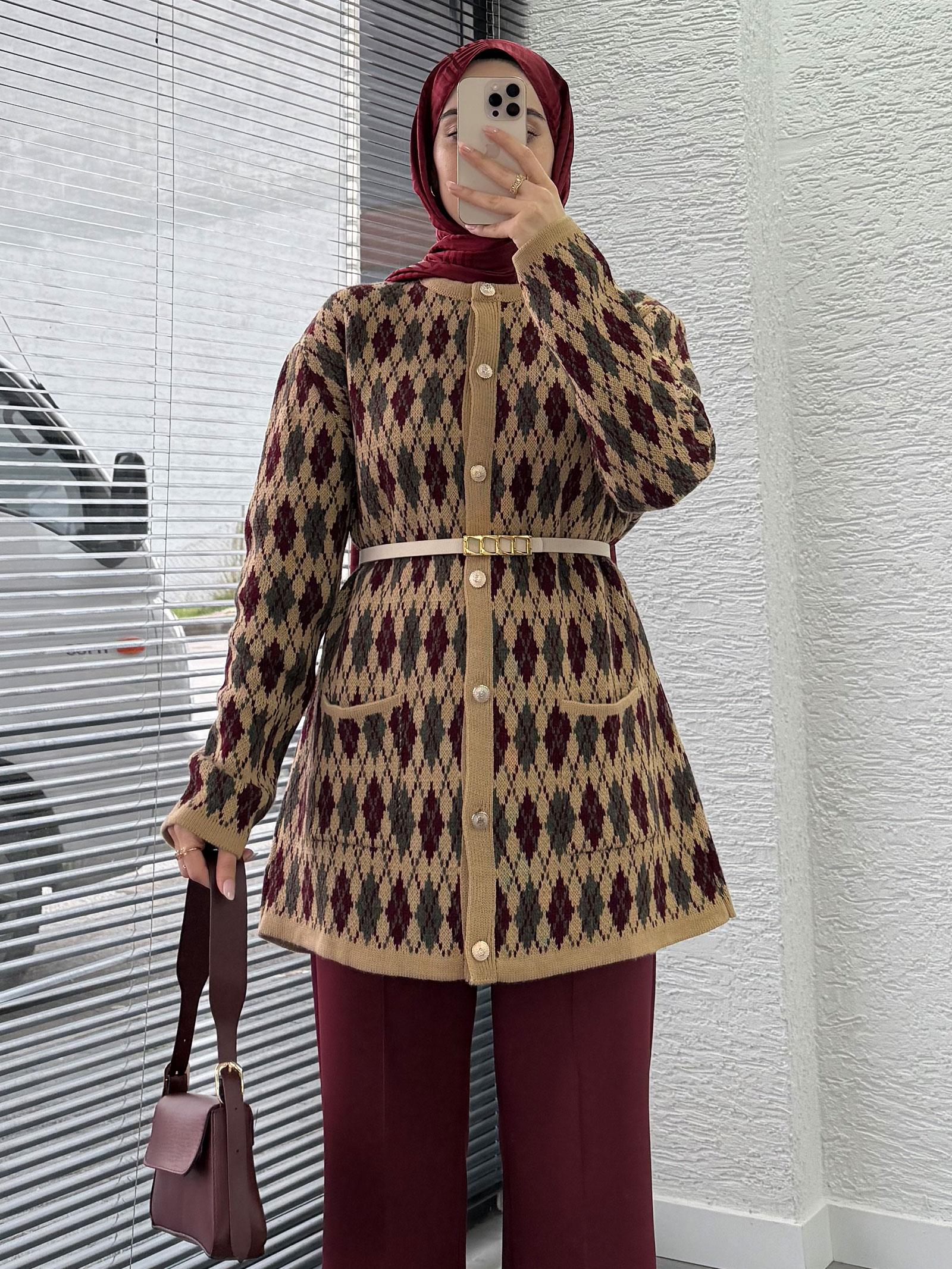 Bordo Baklava Desenli Hırka