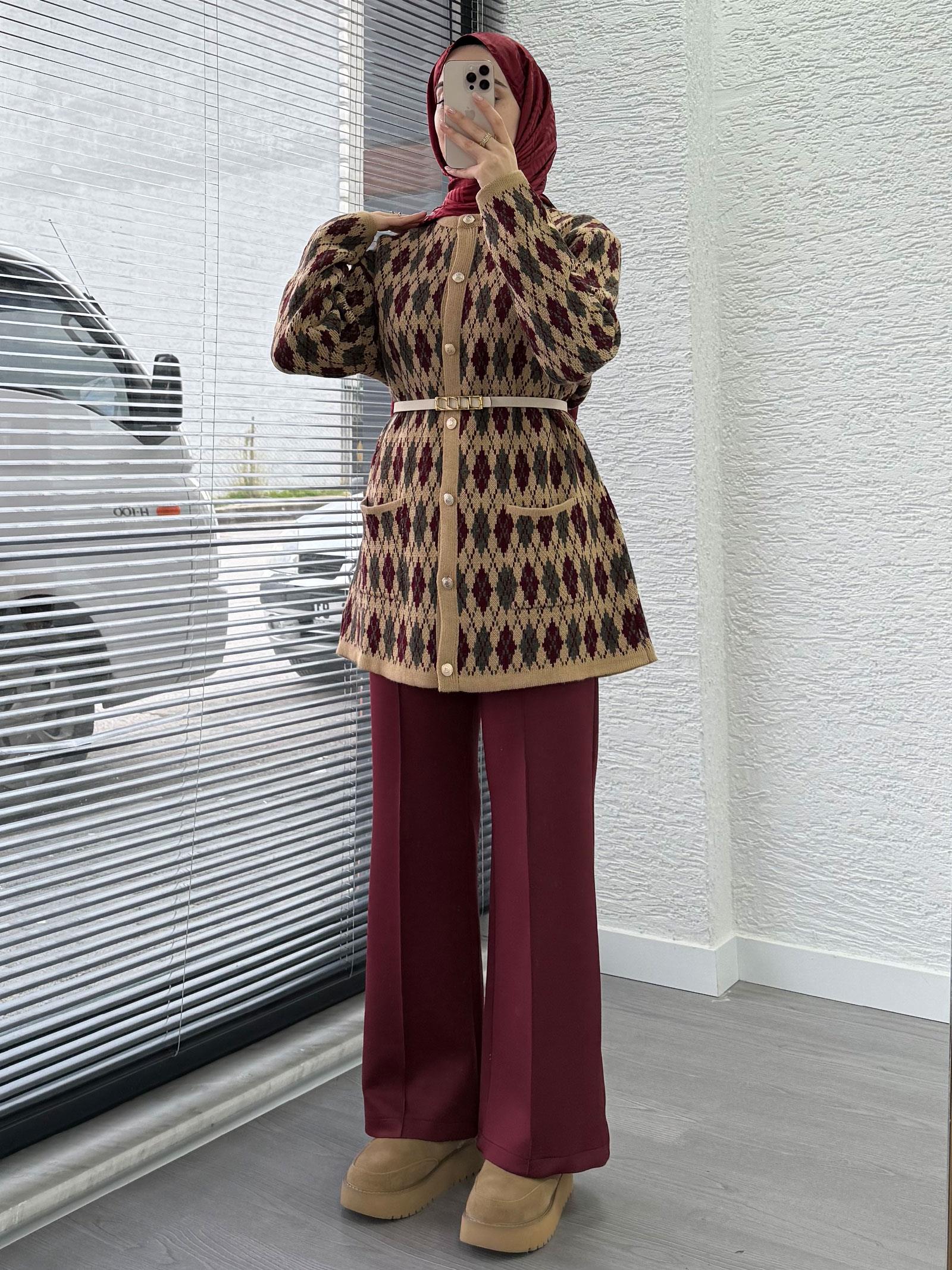 Bordo Baklava Desenli Hırka