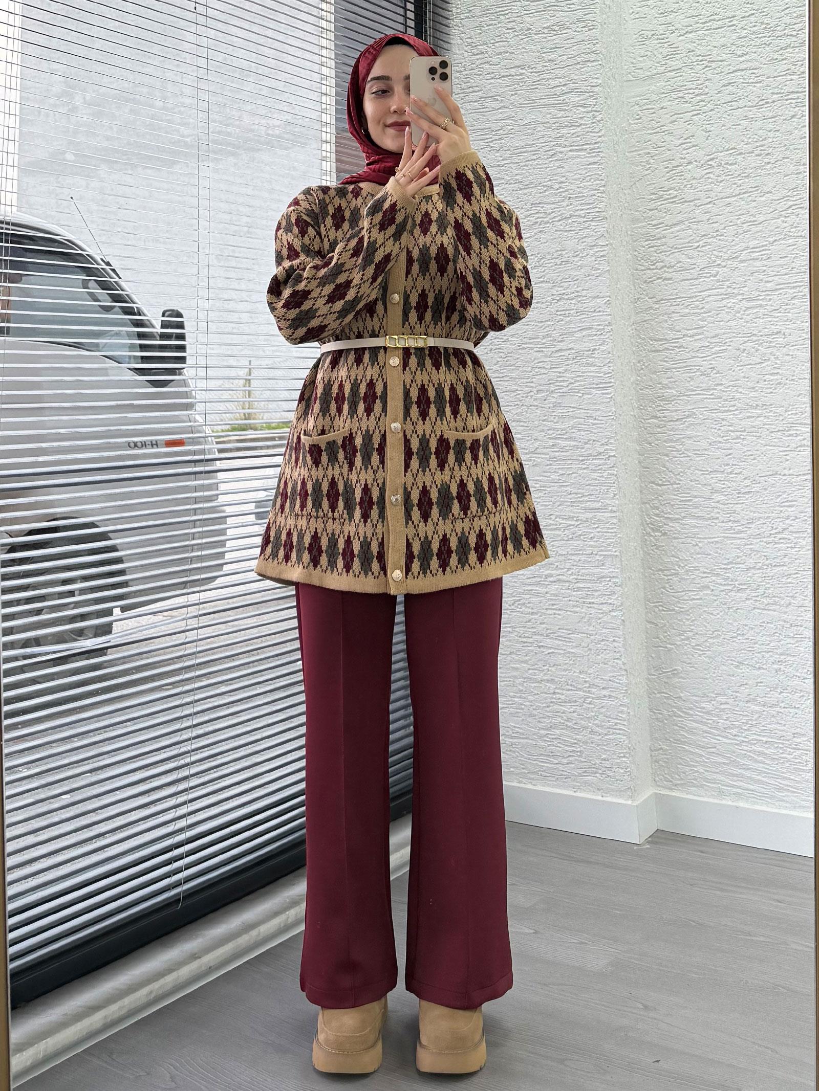 Bordo Baklava Desenli Hırka