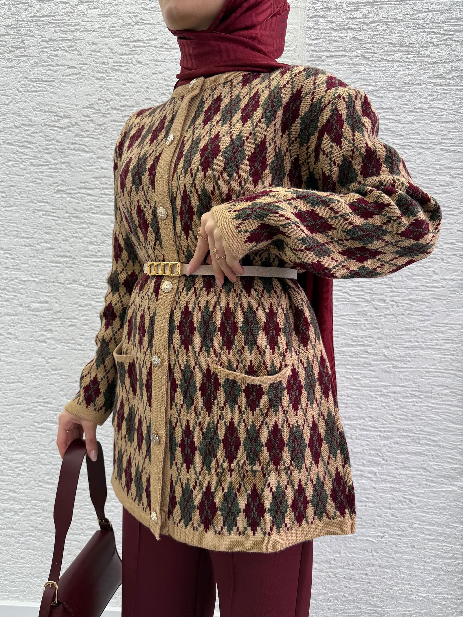 Bordo Baklava Desenli Hırka