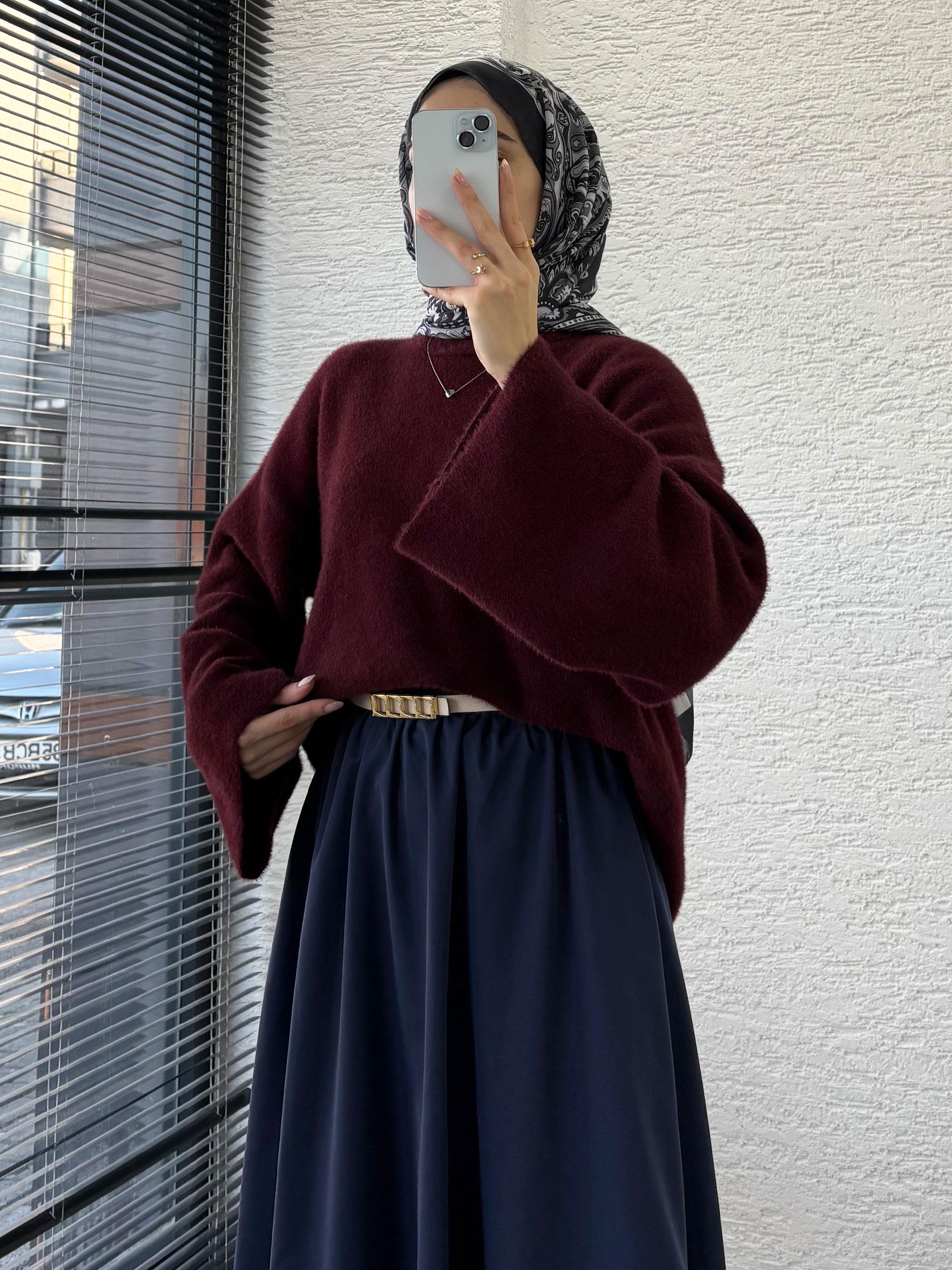 Bordo Geniş Kol Detaylı Marka Model Yumoş Kazak