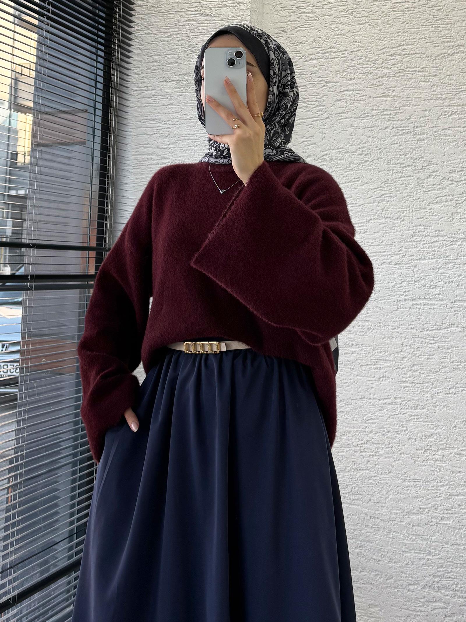 Bordo Geniş Kol Detaylı Marka Model Yumoş Kazak
