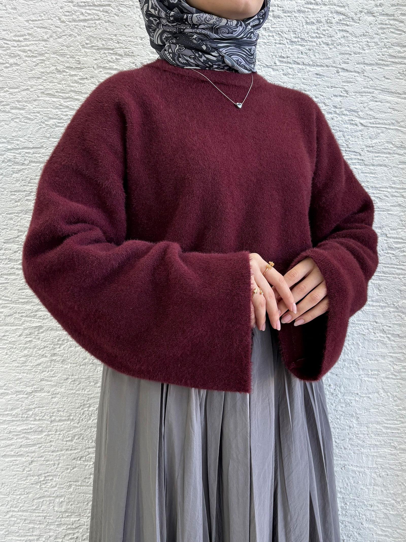 Bordo Geniş Kol Detaylı Marka Model Yumoş Kazak