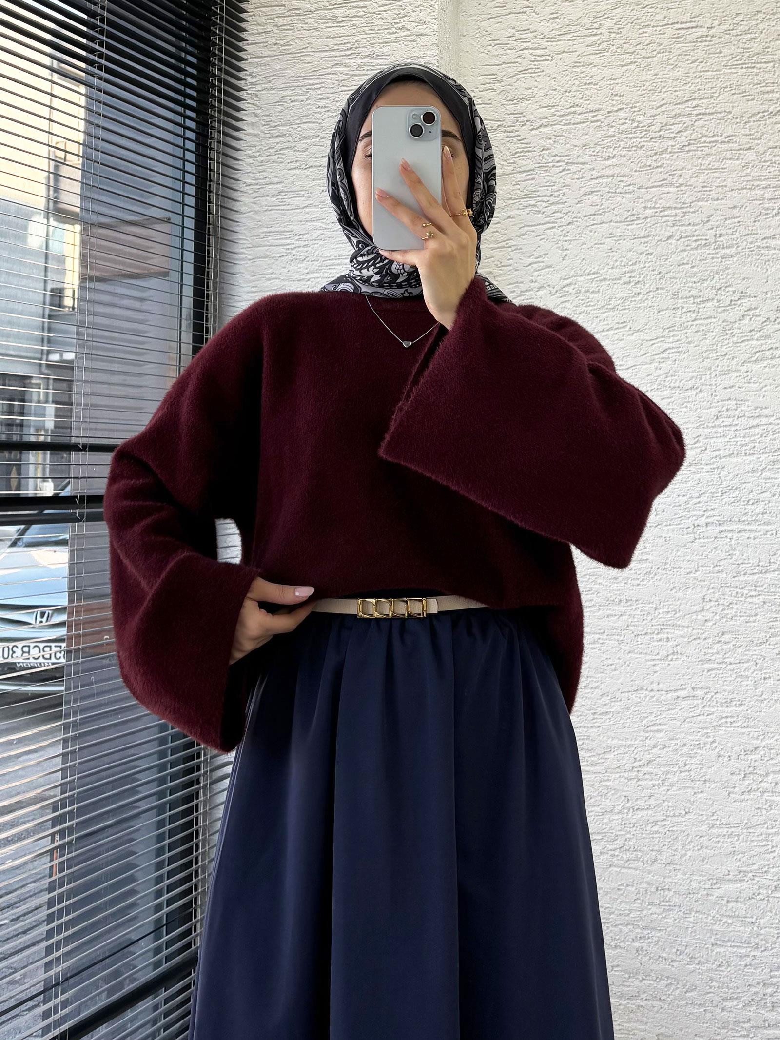 Bordo Geniş Kol Detaylı Marka Model Yumoş Kazak