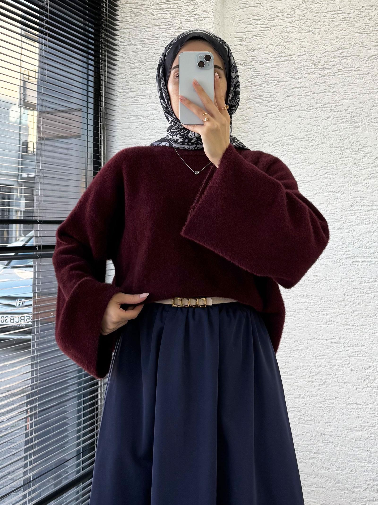 Bordo Geniş Kol Detaylı Marka Model Yumoş Kazak
