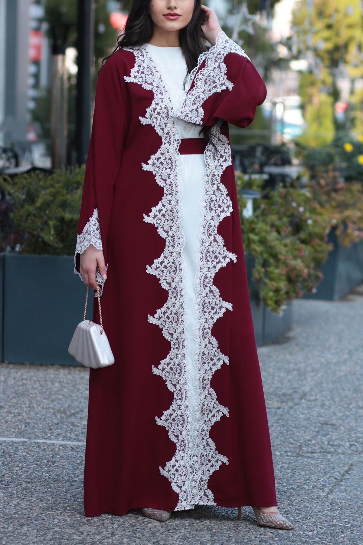 Bordo Güpür Detaylı Abaya