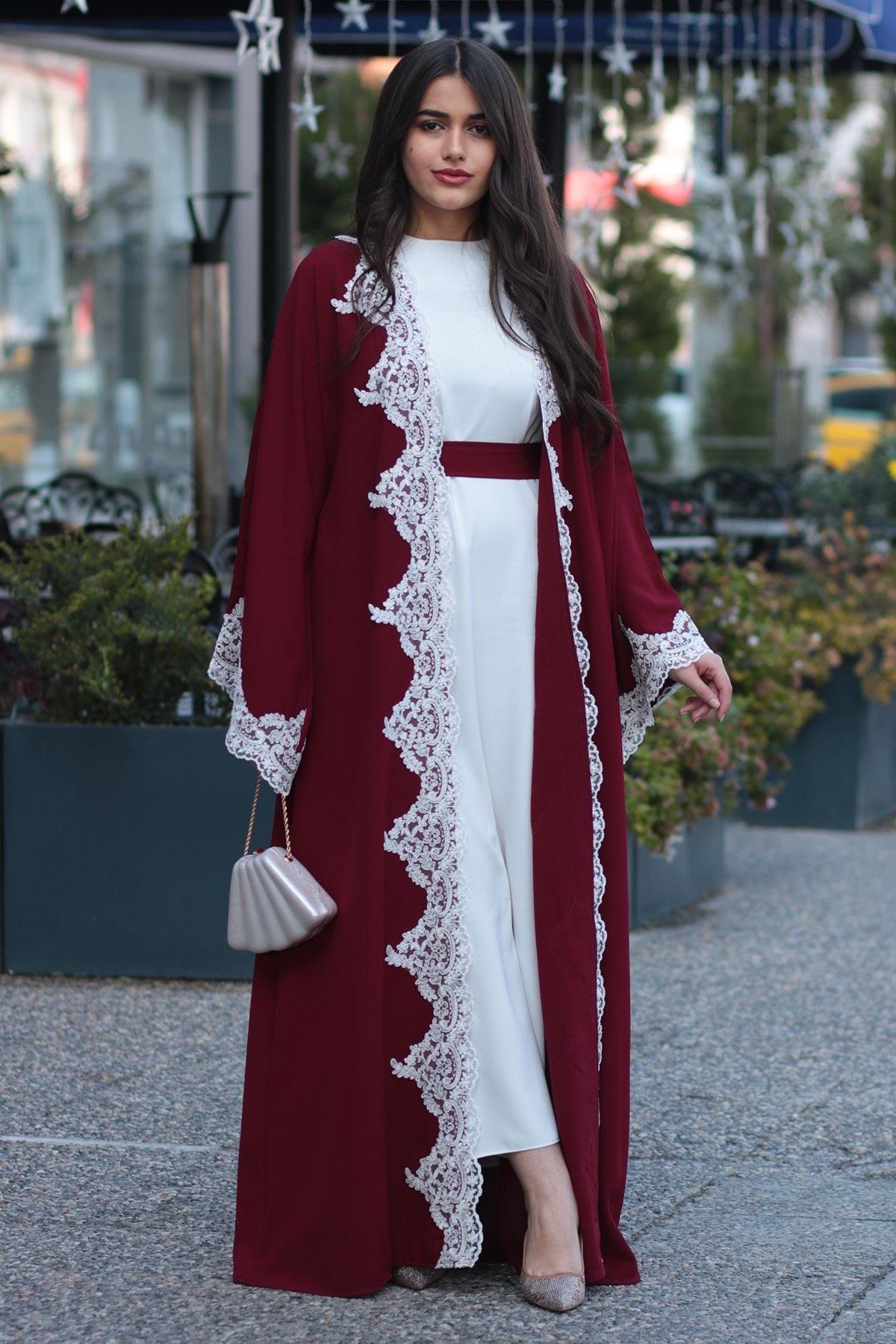 Bordo Güpür Detaylı Abaya