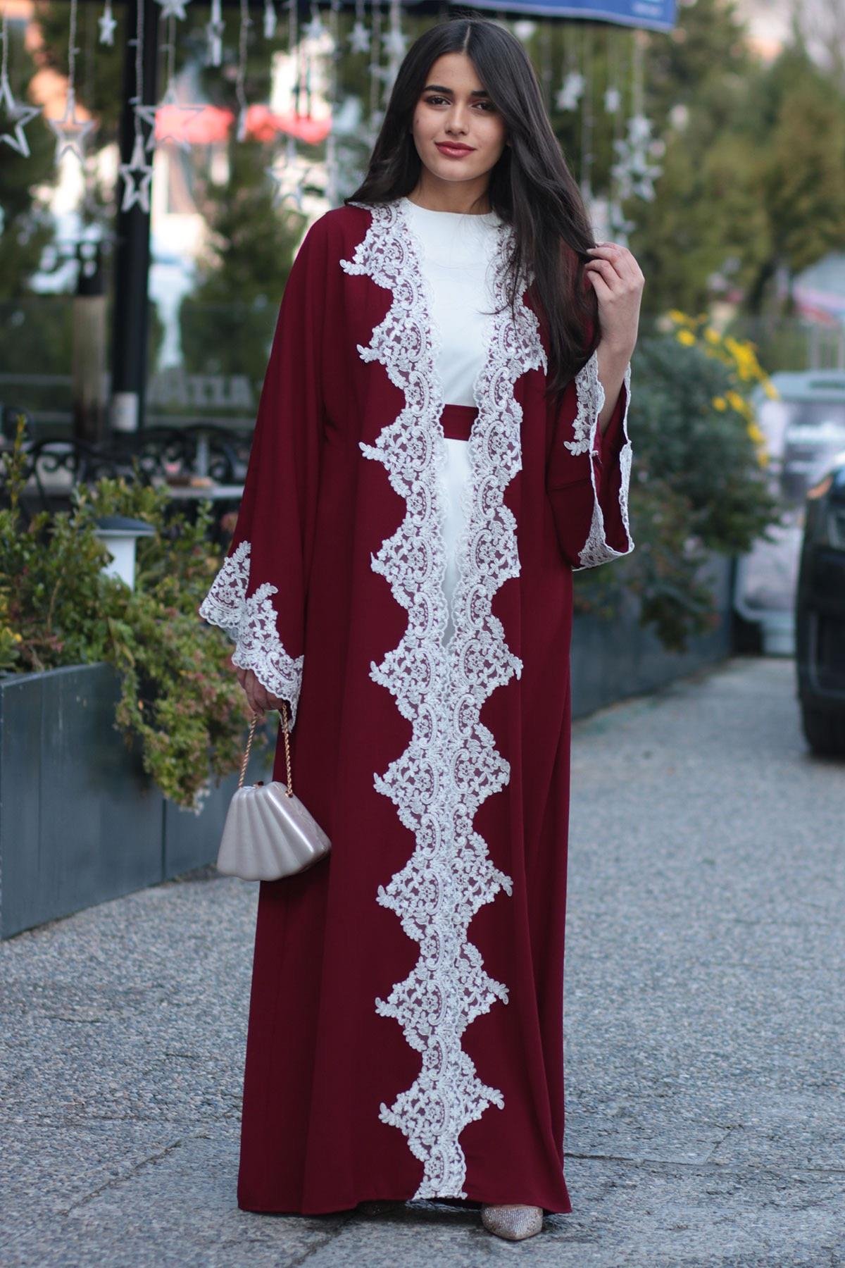 Bordo Güpür Detaylı Abaya