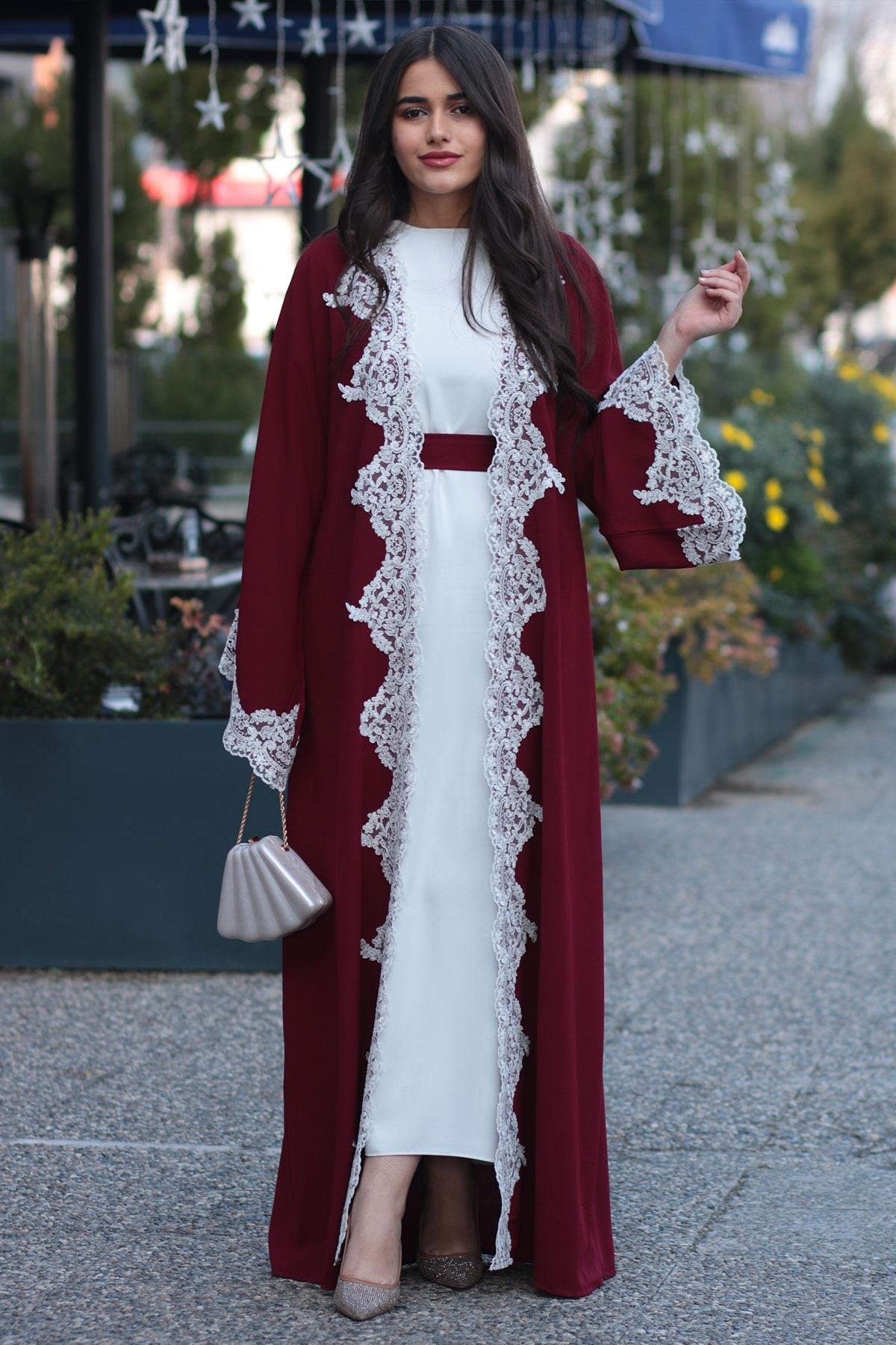 Bordo Güpür Detaylı Abaya