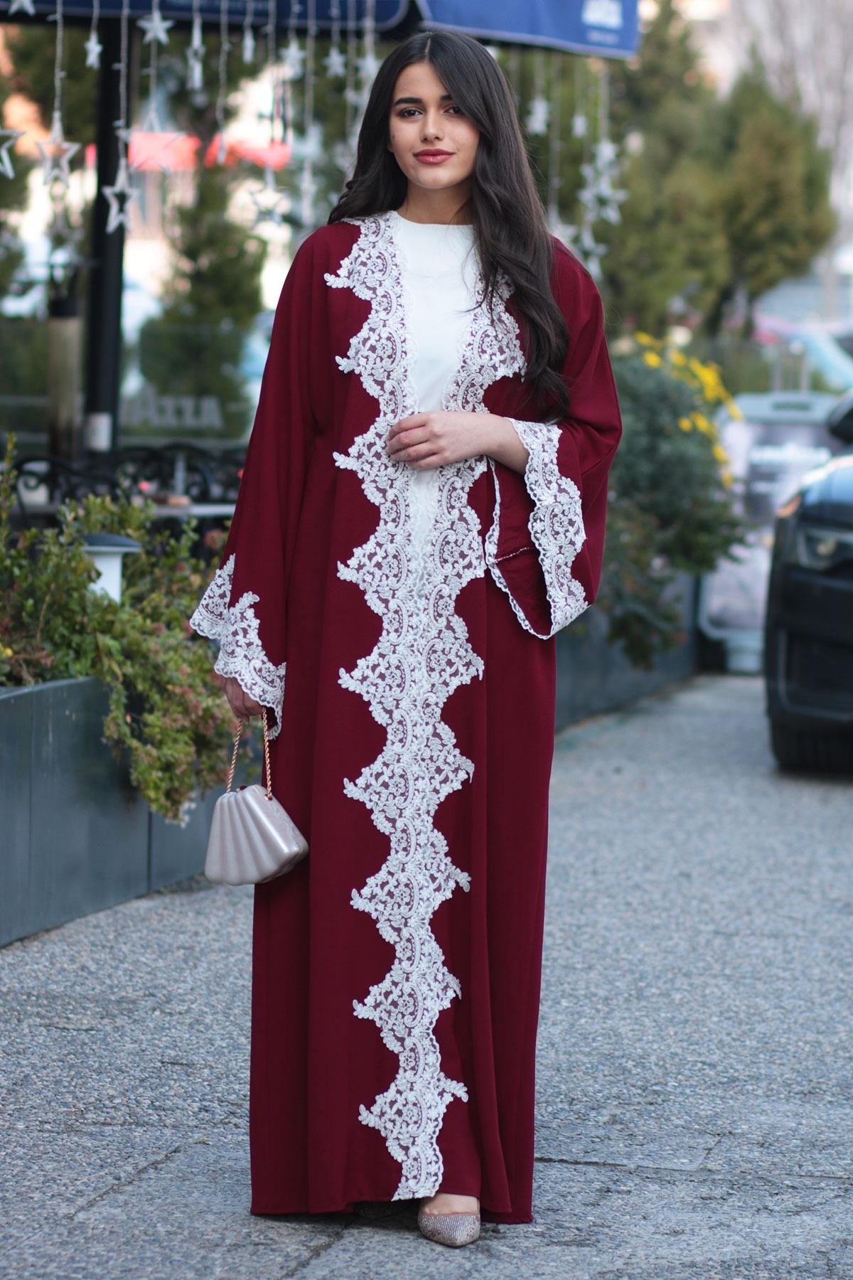 Bordo Güpür Detaylı Abaya