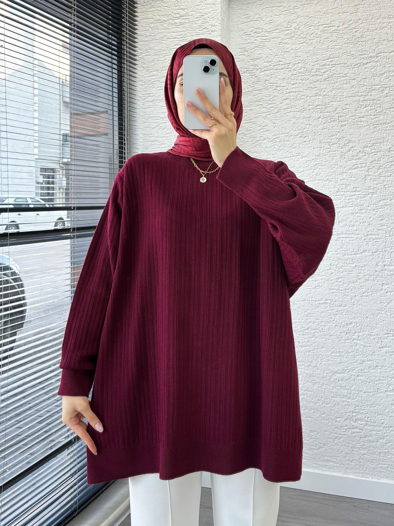 Bordo Kadın Fitilli Oversize Kazak