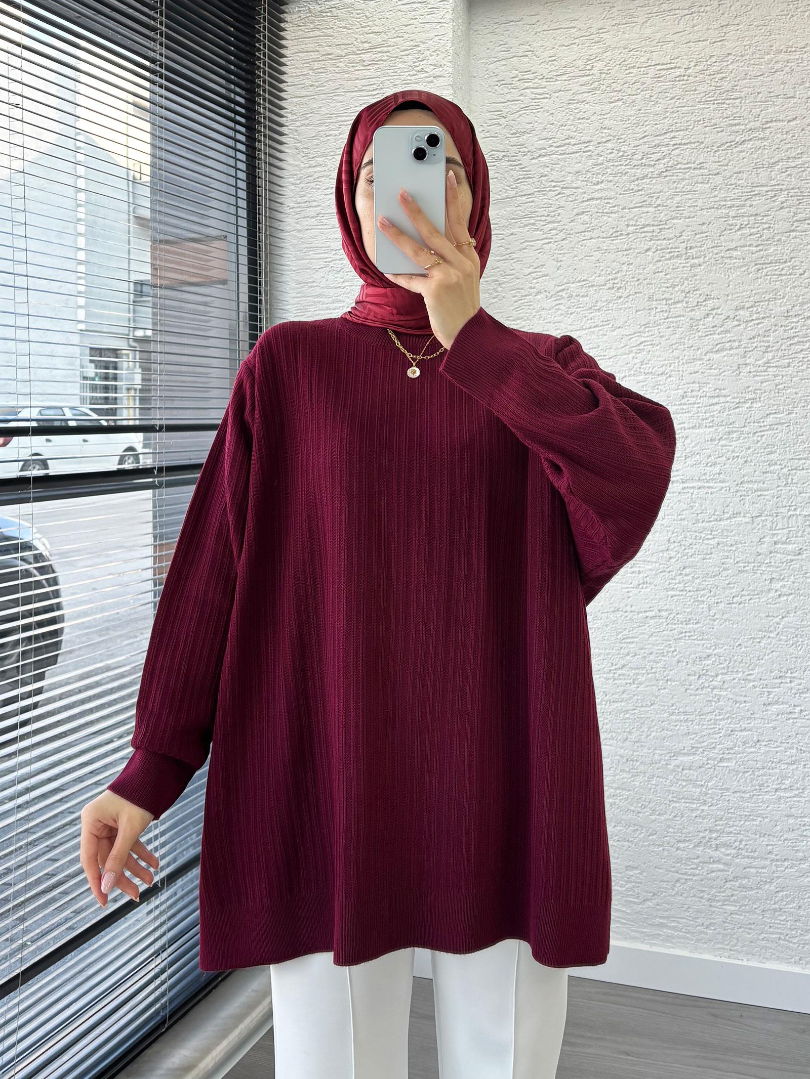 Bordo Kadın Fitilli Oversize Kazak