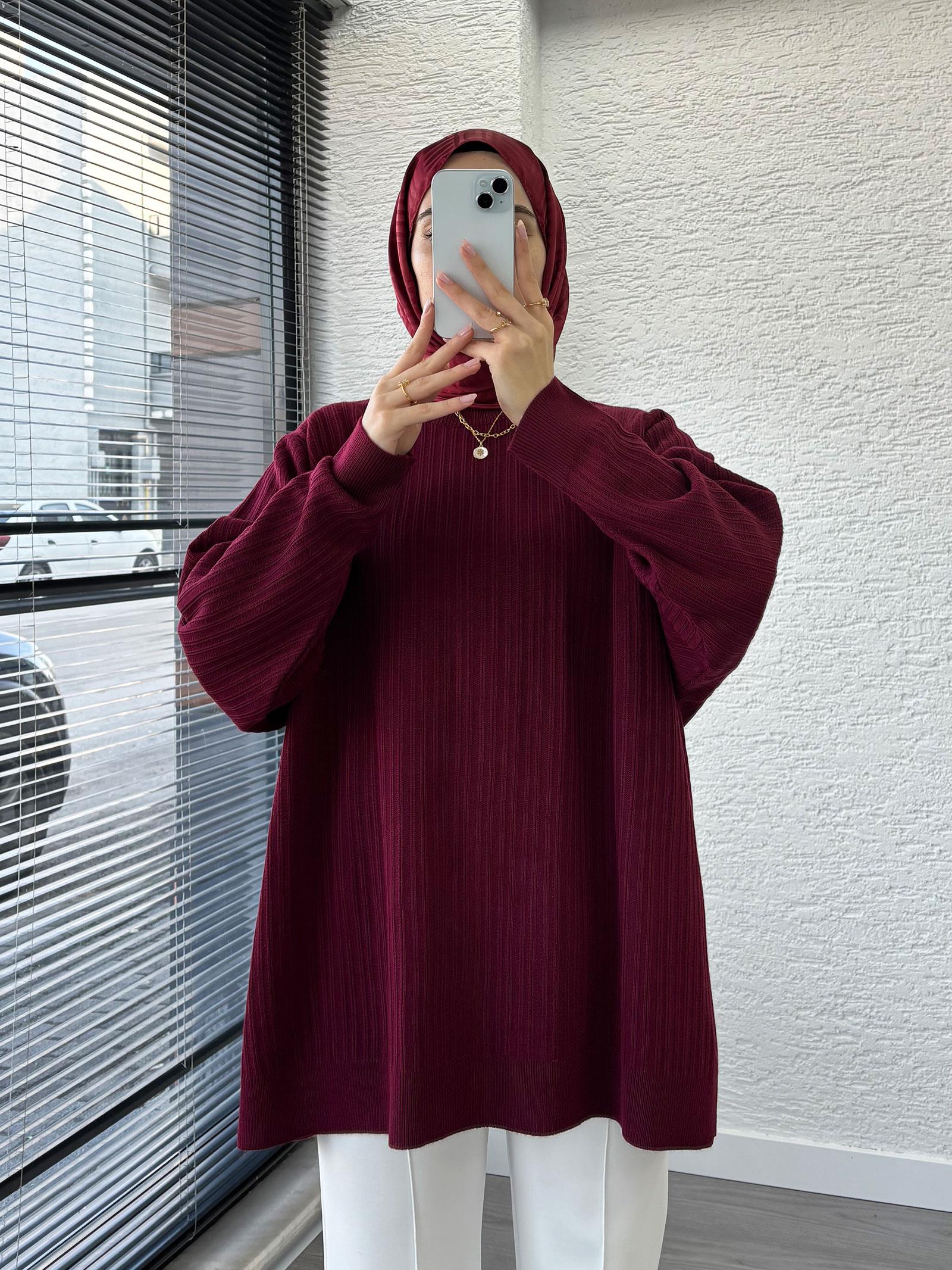 Bordo Kadın Fitilli Oversize Kazak