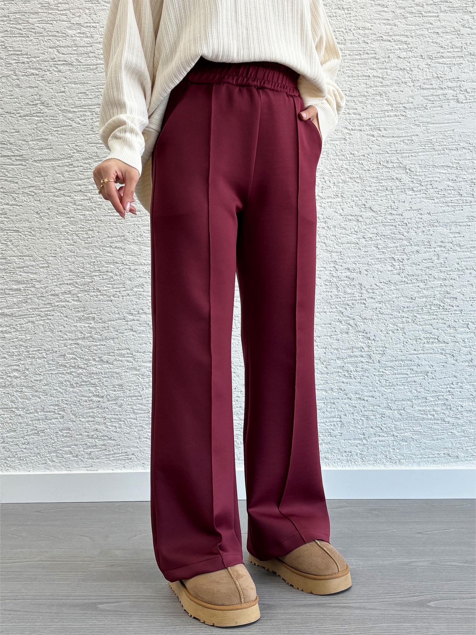 Bordo Kadın Scuba Kumaş Bol Paça Pantolon