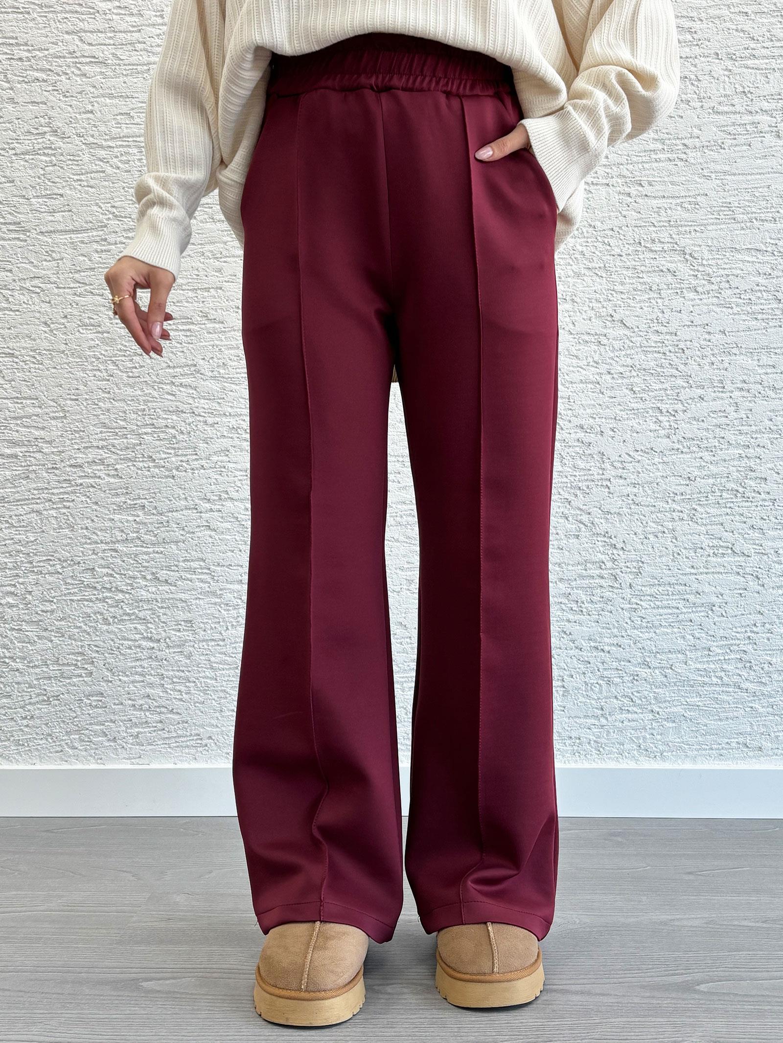 Bordo Kadın Scuba Kumaş Bol Paça Pantolon