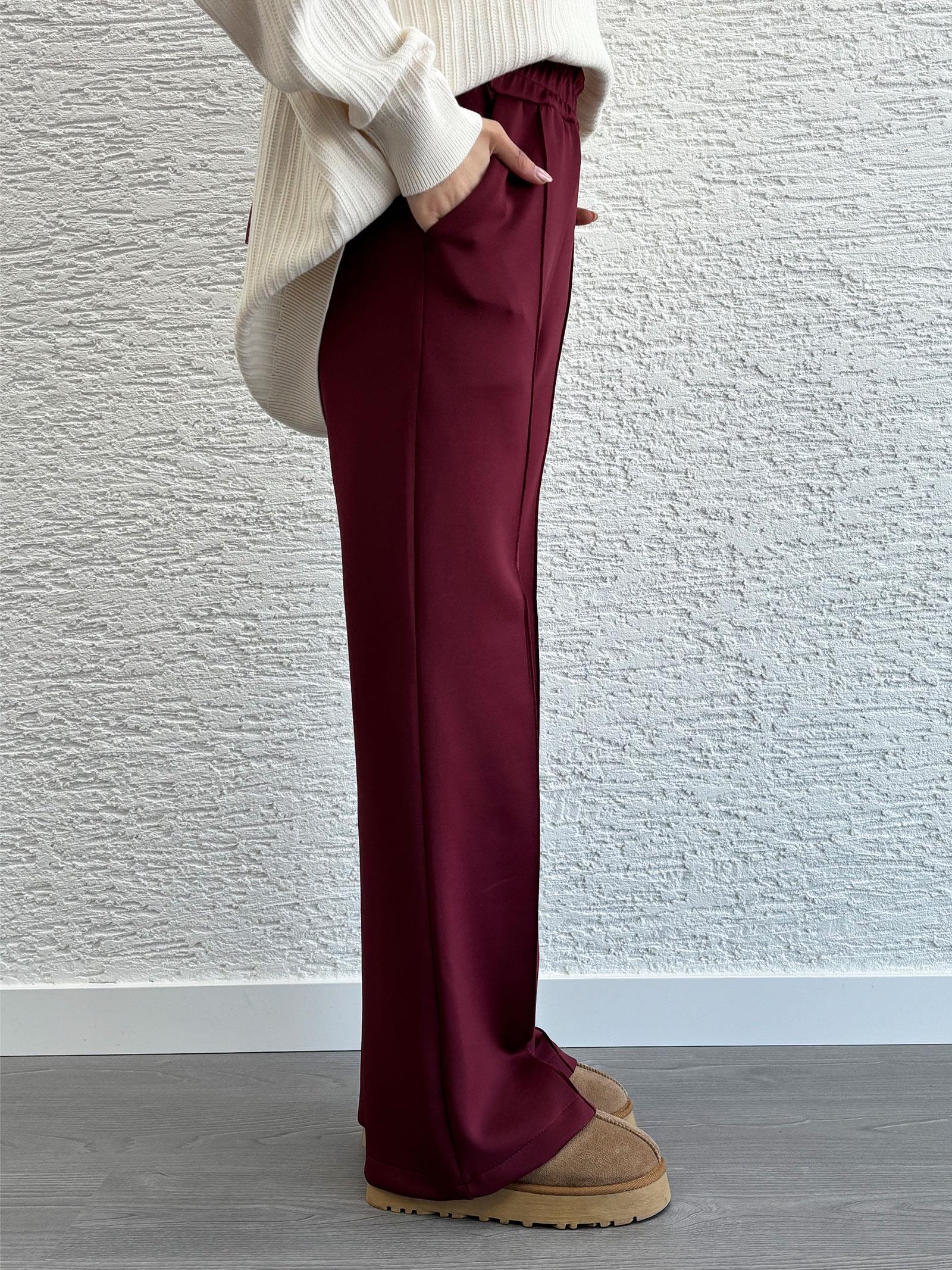 Bordo Kadın Scuba Kumaş Bol Paça Pantolon