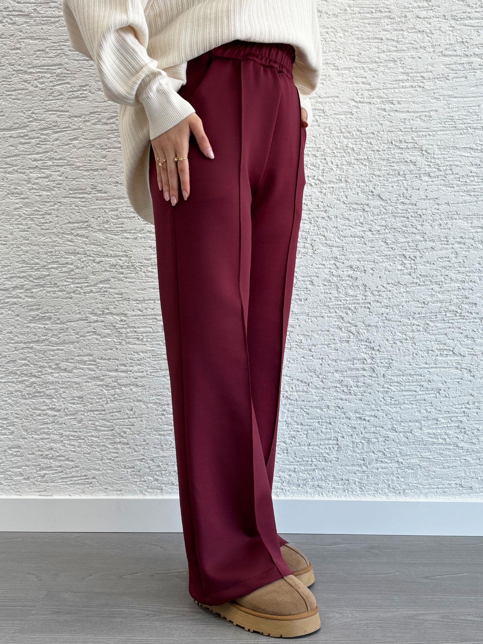 Bordo Kadın Scuba Kumaş Bol Paça Pantolon