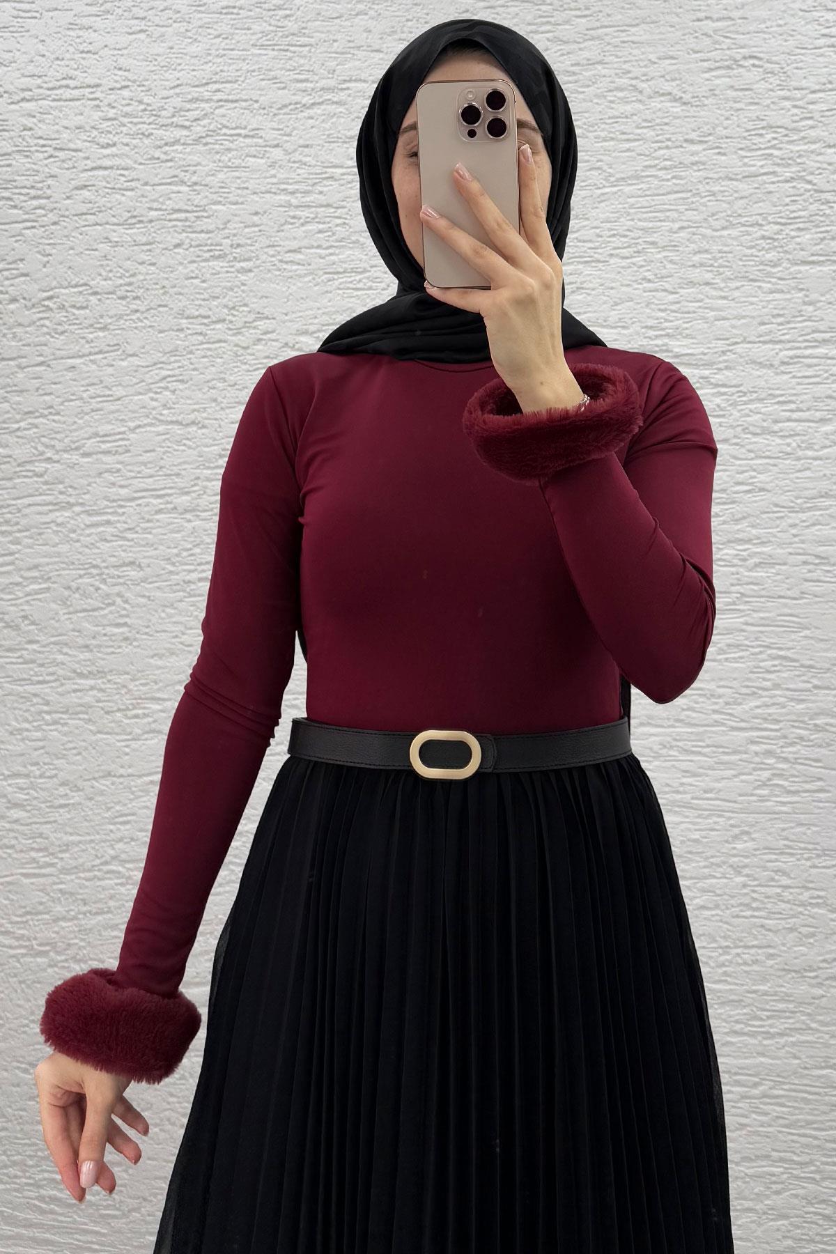 Bordo Kolu Peluş Detaylı Kadın Bluz