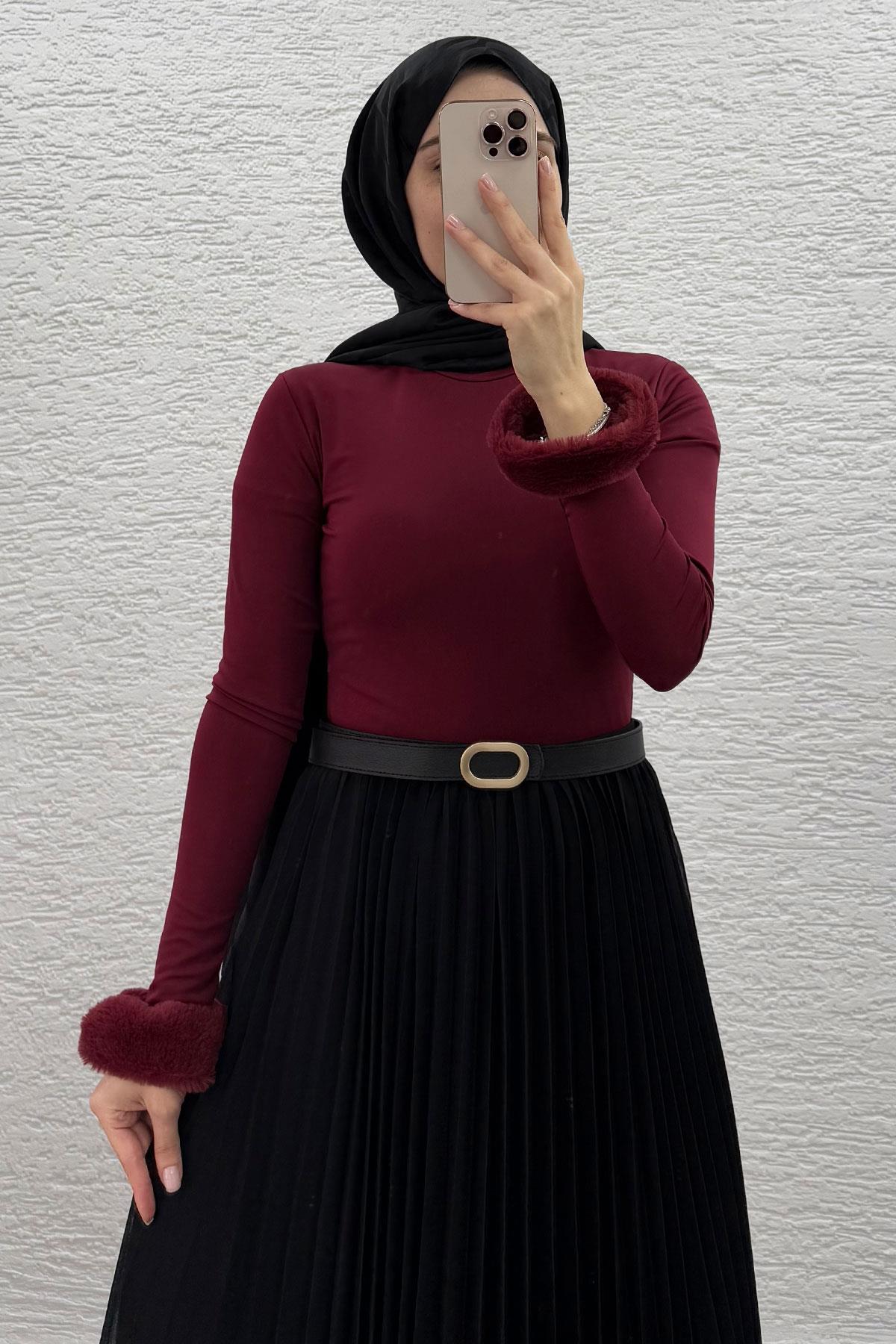 Bordo Kolu Peluş Detaylı Kadın Bluz