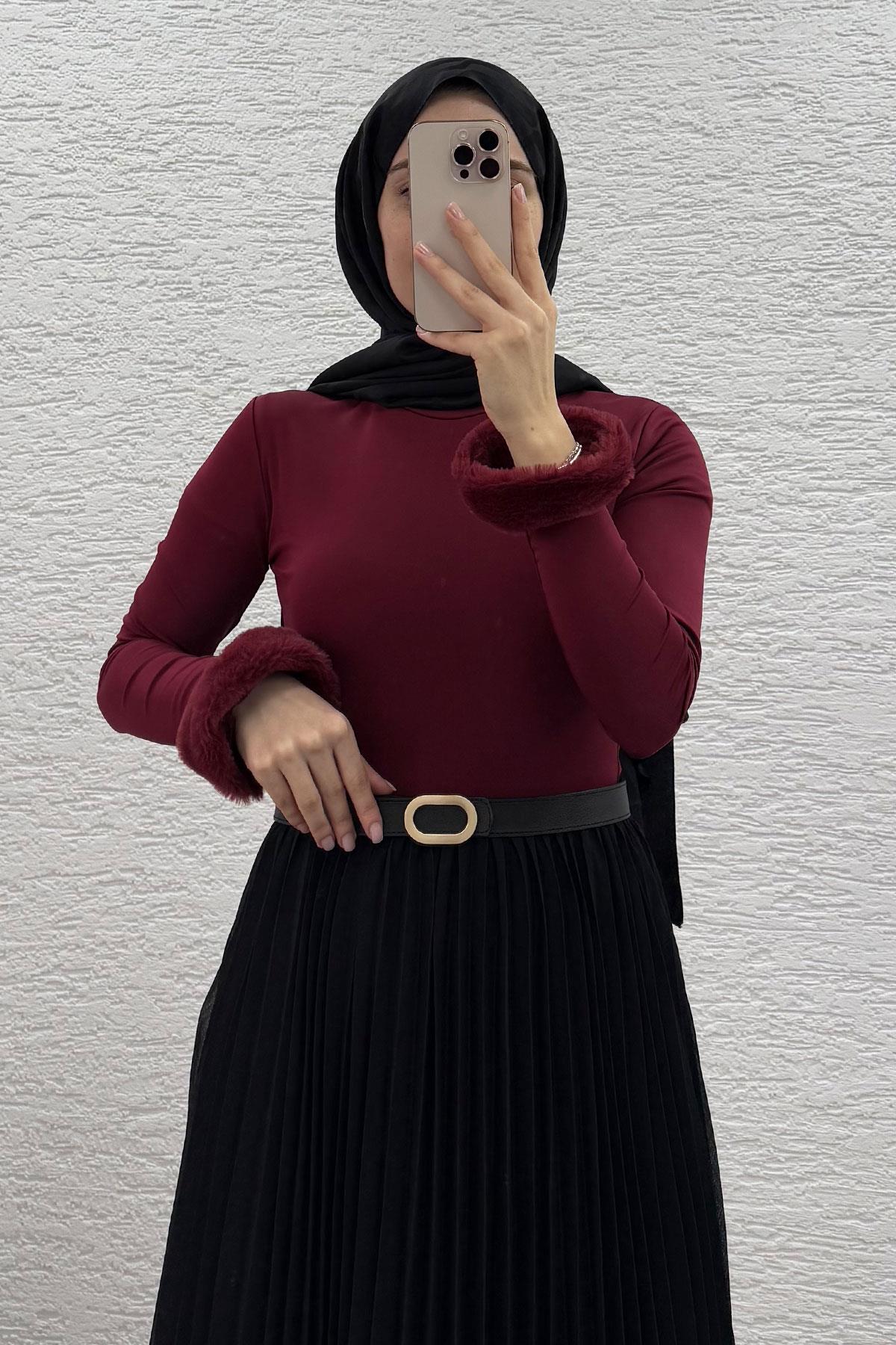 Bordo Kolu Peluş Detaylı Kadın Bluz