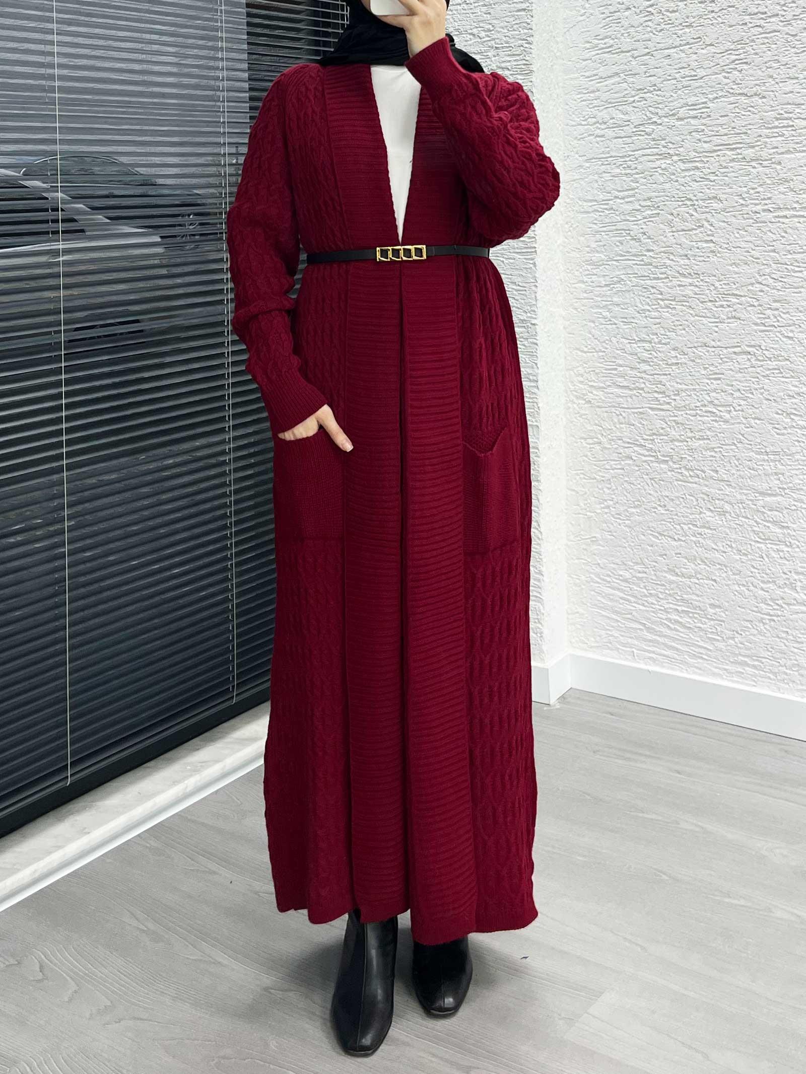 Bordo Örgü Desenli Uzun Triko Hırka