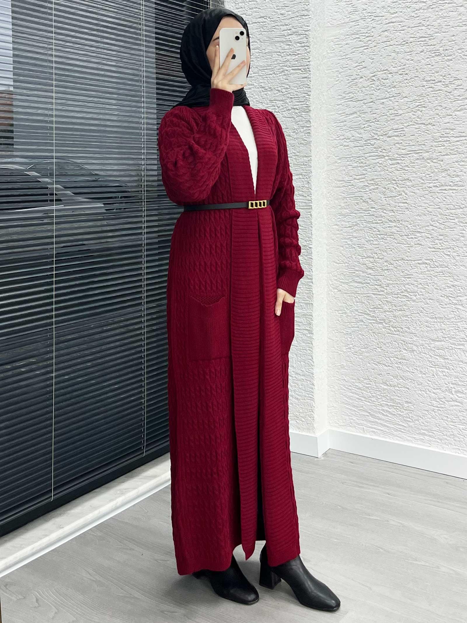 Bordo Örgü Desenli Uzun Triko Hırka