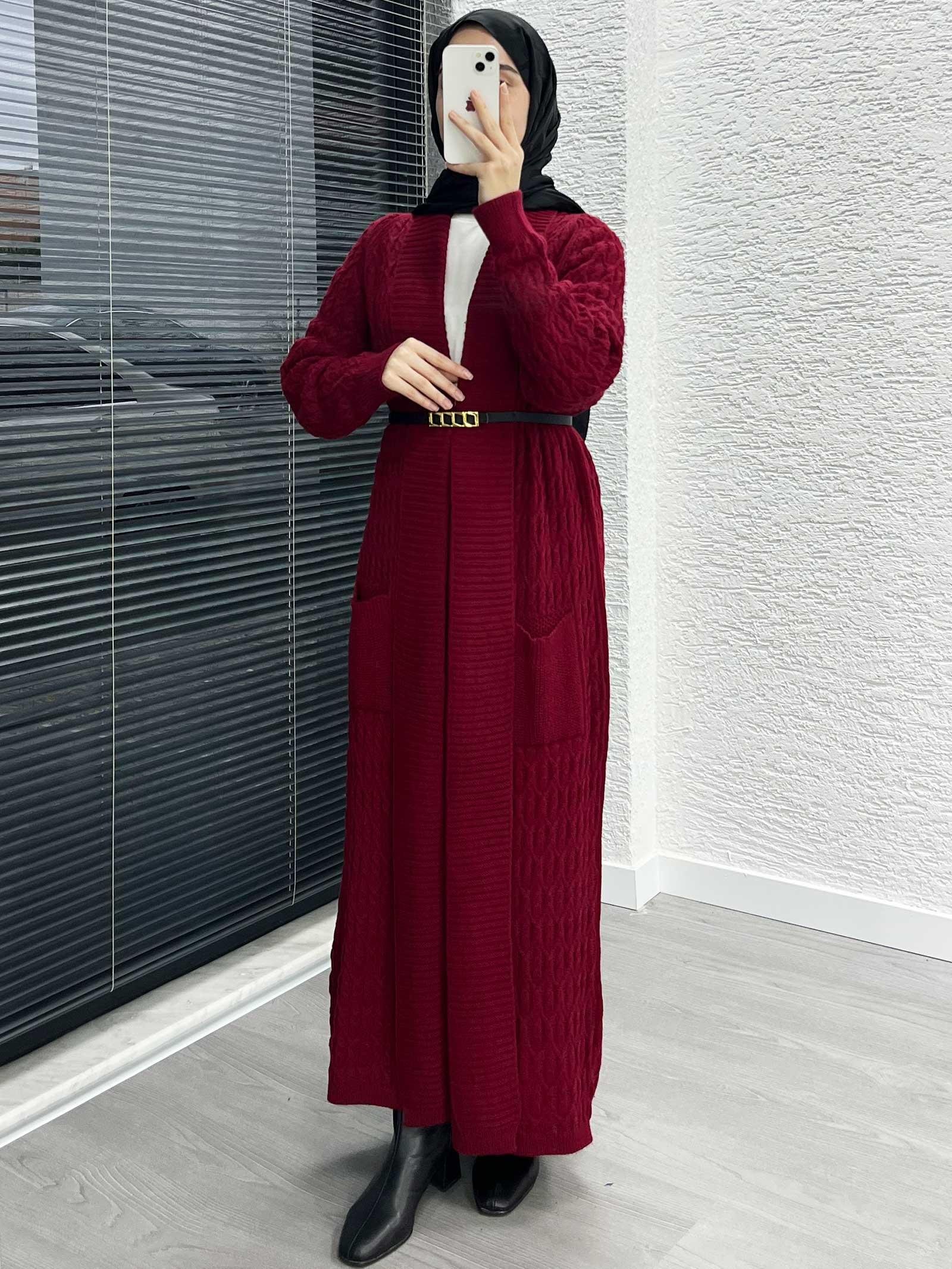 Bordo Örgü Desenli Uzun Triko Hırka
