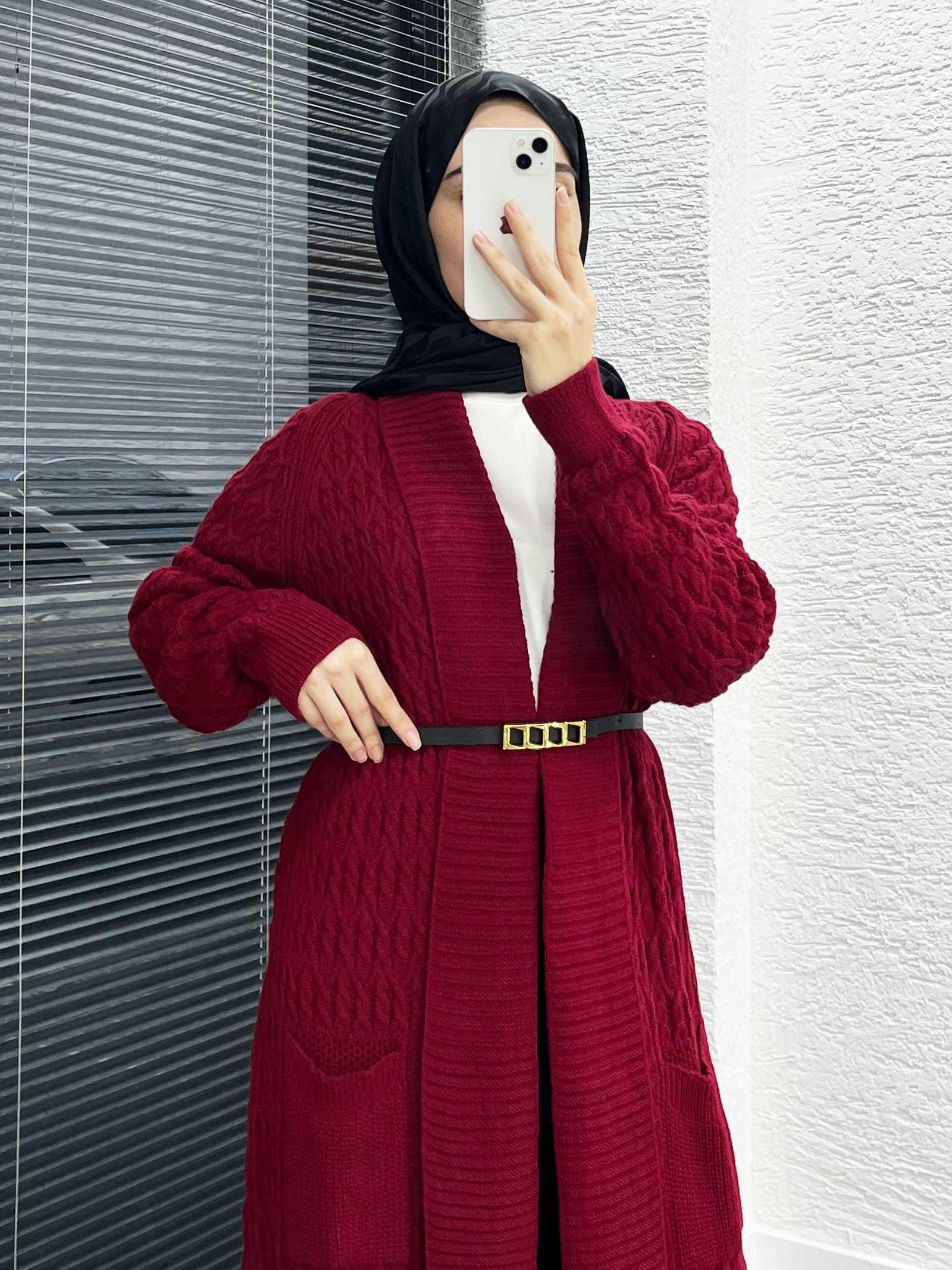 Bordo Örgü Desenli Uzun Triko Hırka