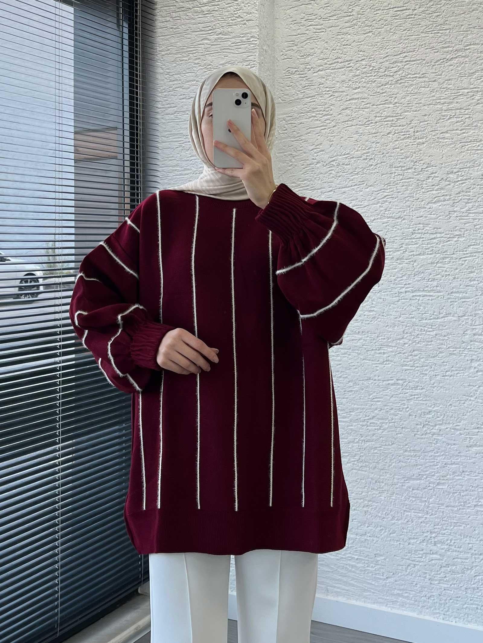 Bordo Oversize Kolu Lastikli Çizgili Kadın Kazak