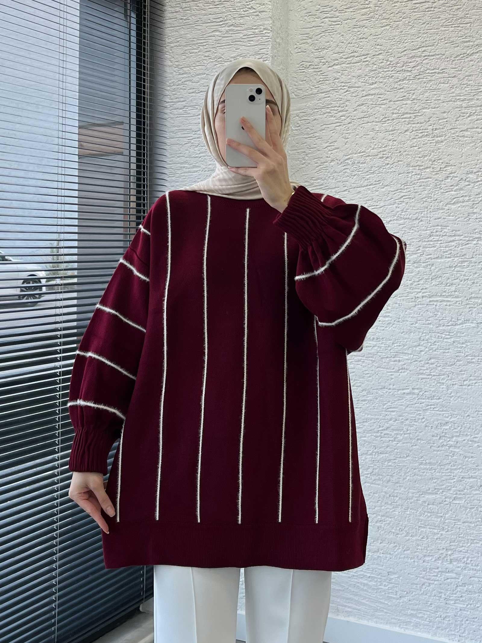 Bordo Oversize Kolu Lastikli Çizgili Kadın Kazak