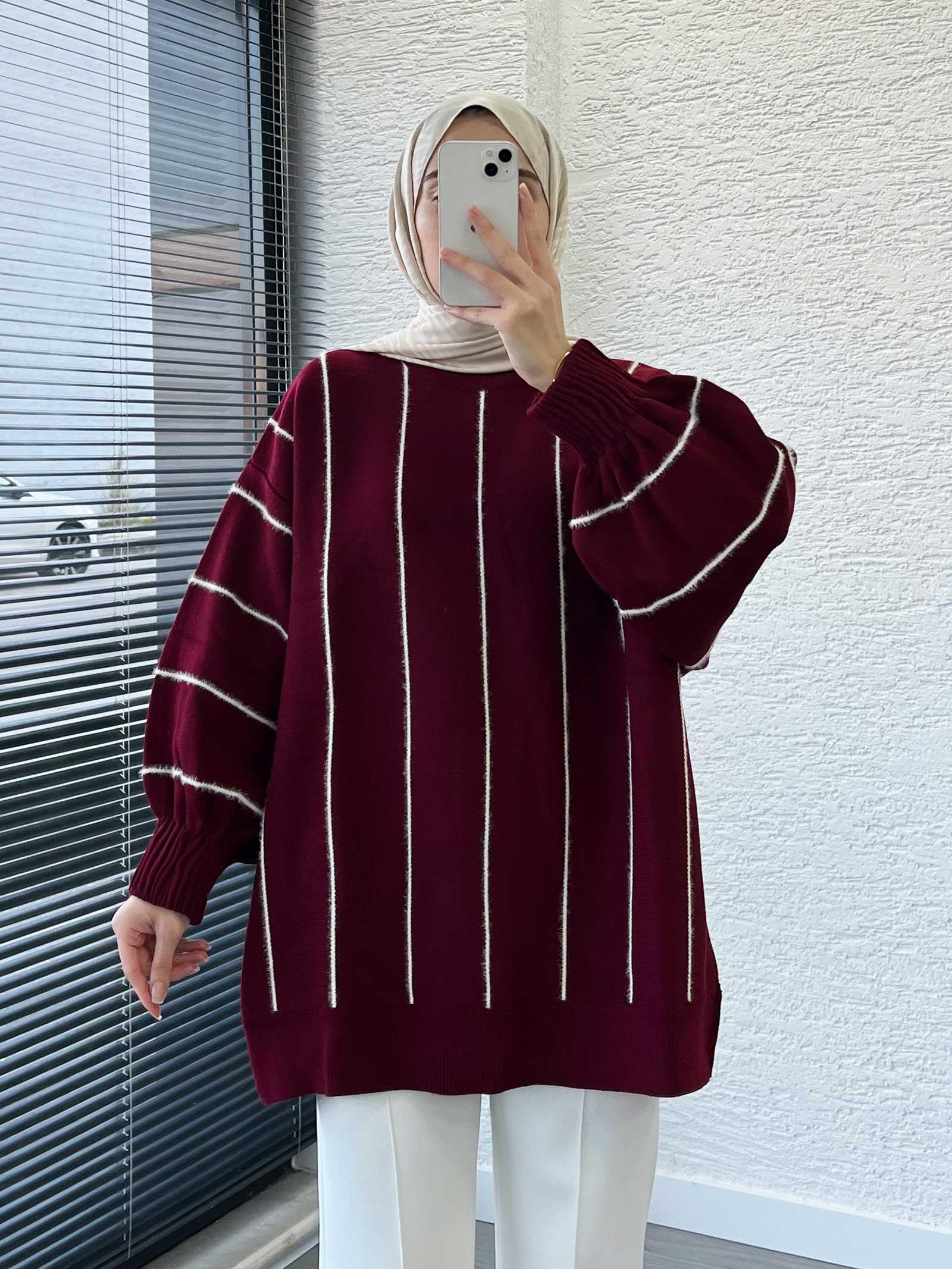 Bordo Oversize Kolu Lastikli Çizgili Kadın Kazak